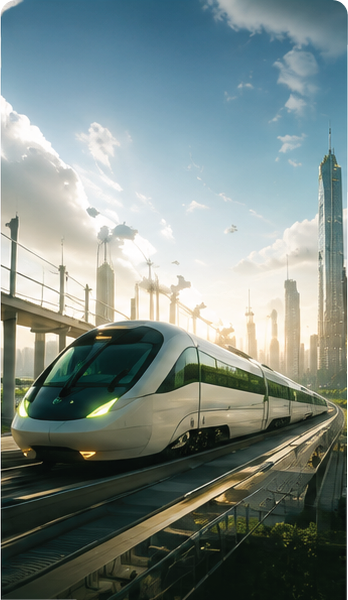Modern white high-speed train on elevated tracks in a futuristic city with tall skyscrapers and a clear blue sky.