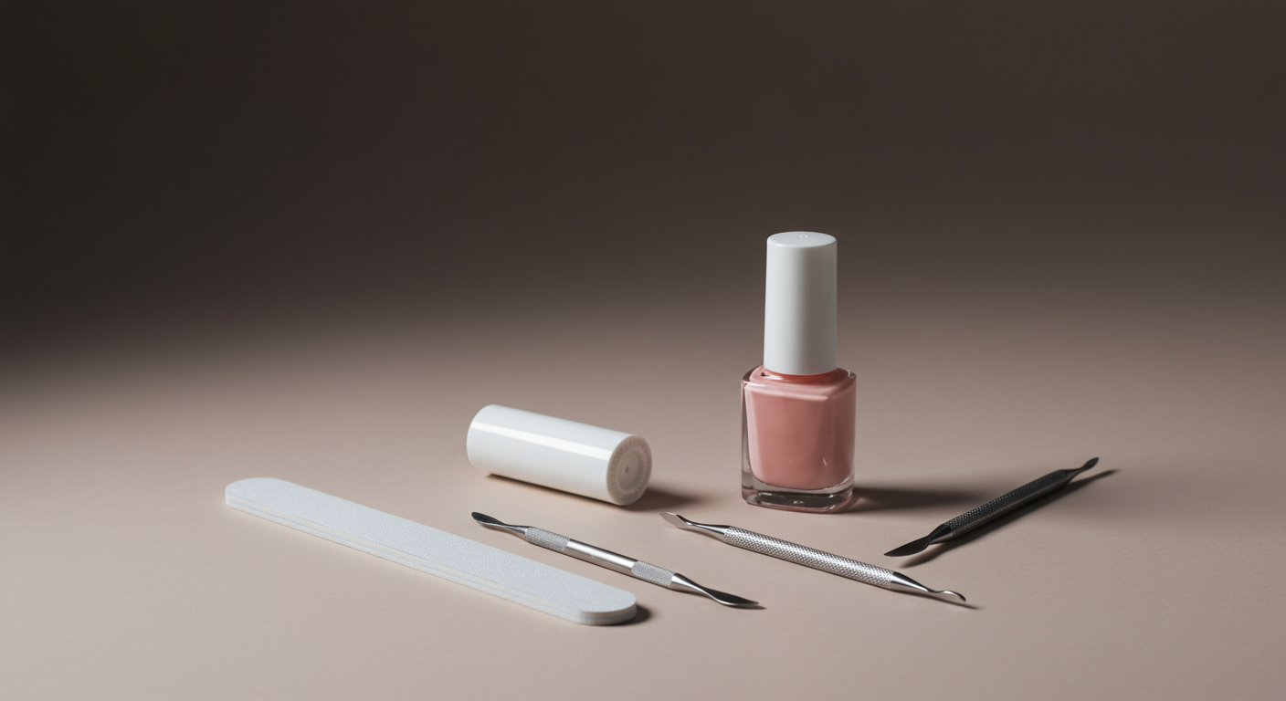 Manicure tools including a nail file, two cuticle pushers, a bottle of pink nail polish, and a white nail polish remover on a beige surface.