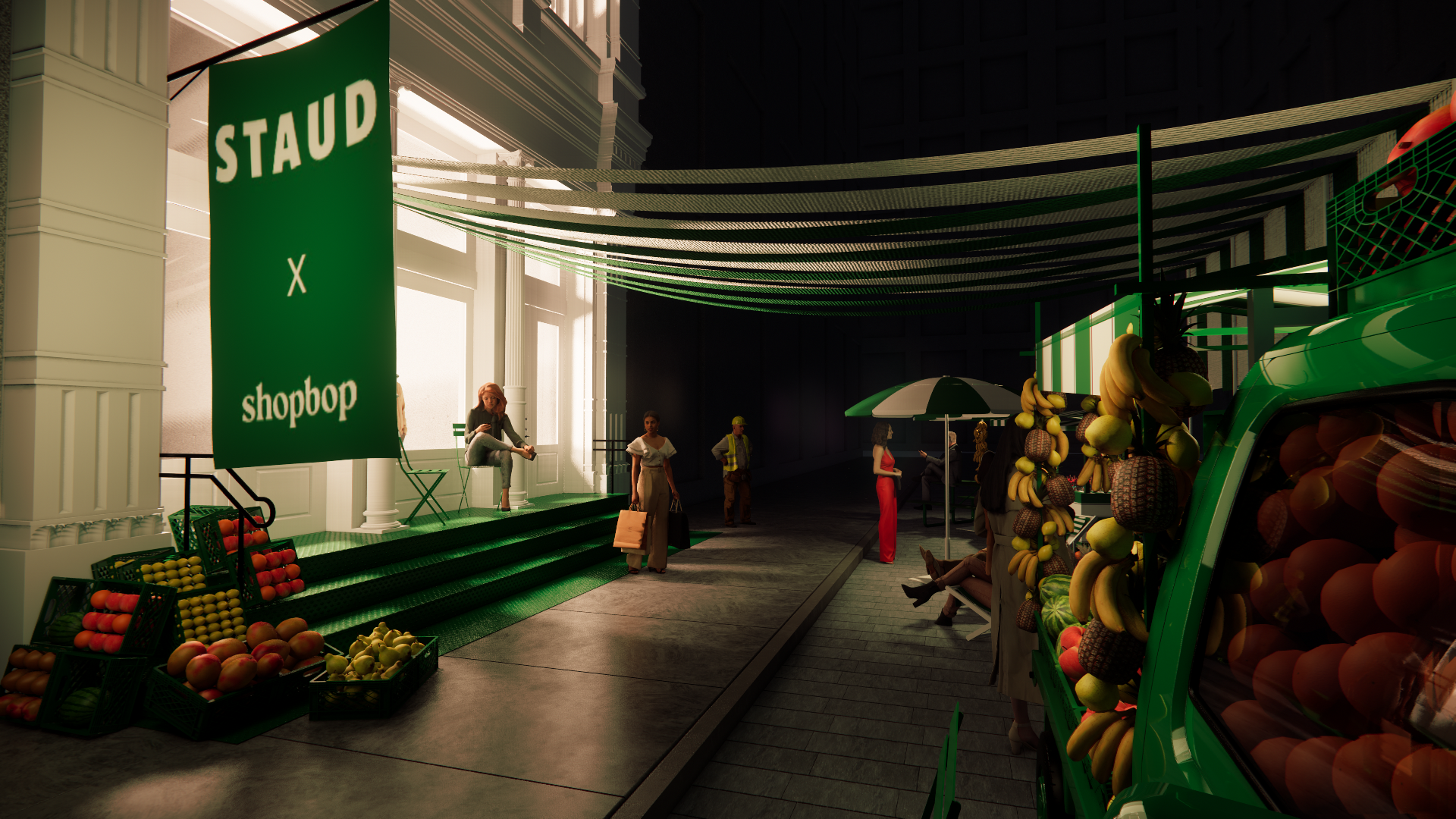 Indoor fruit market with people shopping and vendors, green streaks of light overhead, a green truck filled with fruit, and a sign that says "STAUD" and "shoppop".