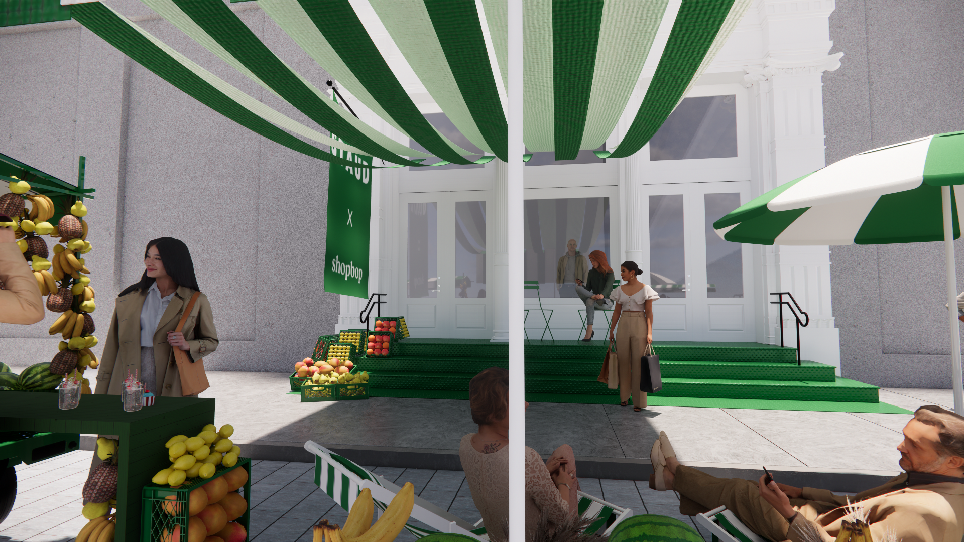 People shopping at a fruit stand outside a green and white store with a sign that reads 'shopbop'.