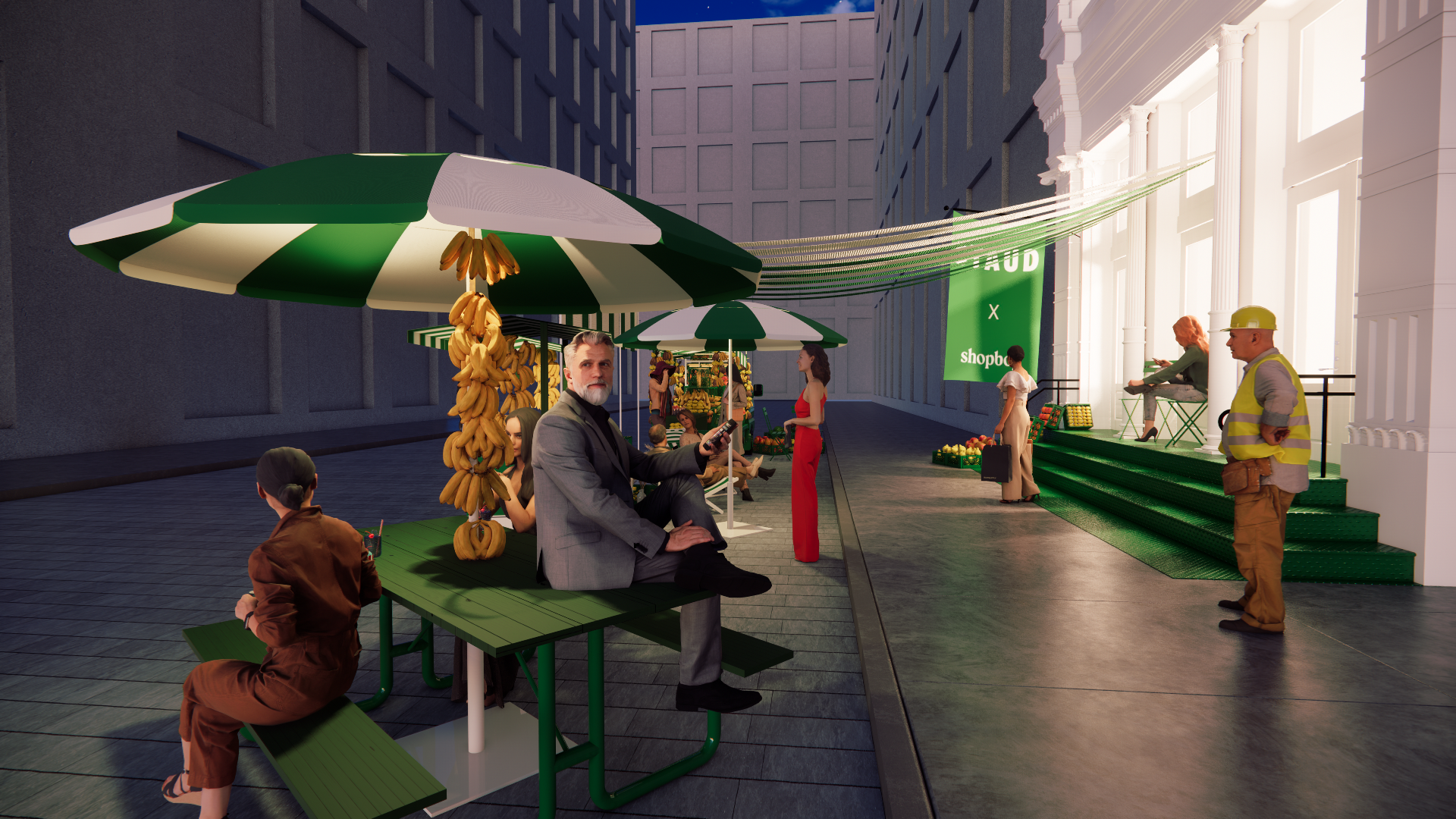 A digital rendering of an outdoor urban fruit market with green and white umbrellas, people sitting and standing, and a large green banner in the background.