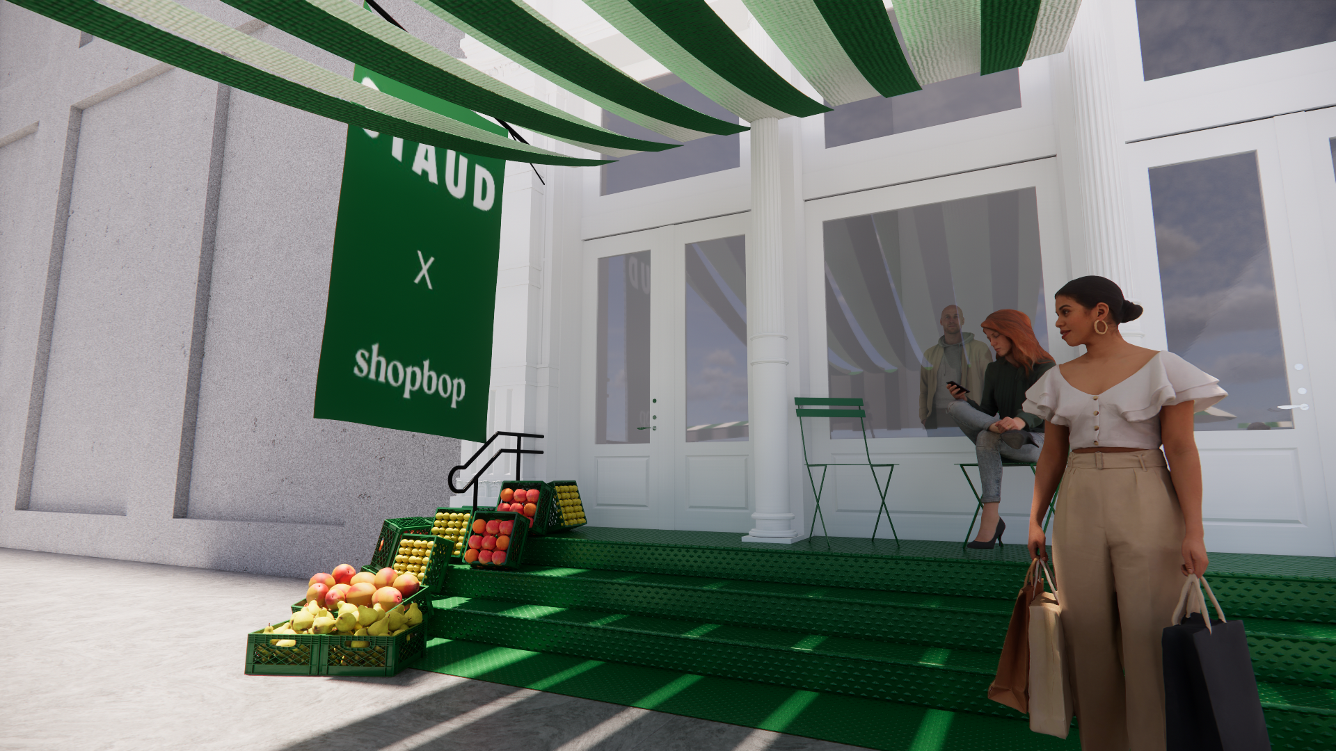 People shopping for apples at an outdoor market stand with a green sign reading 'shoppop' and a small produce display.