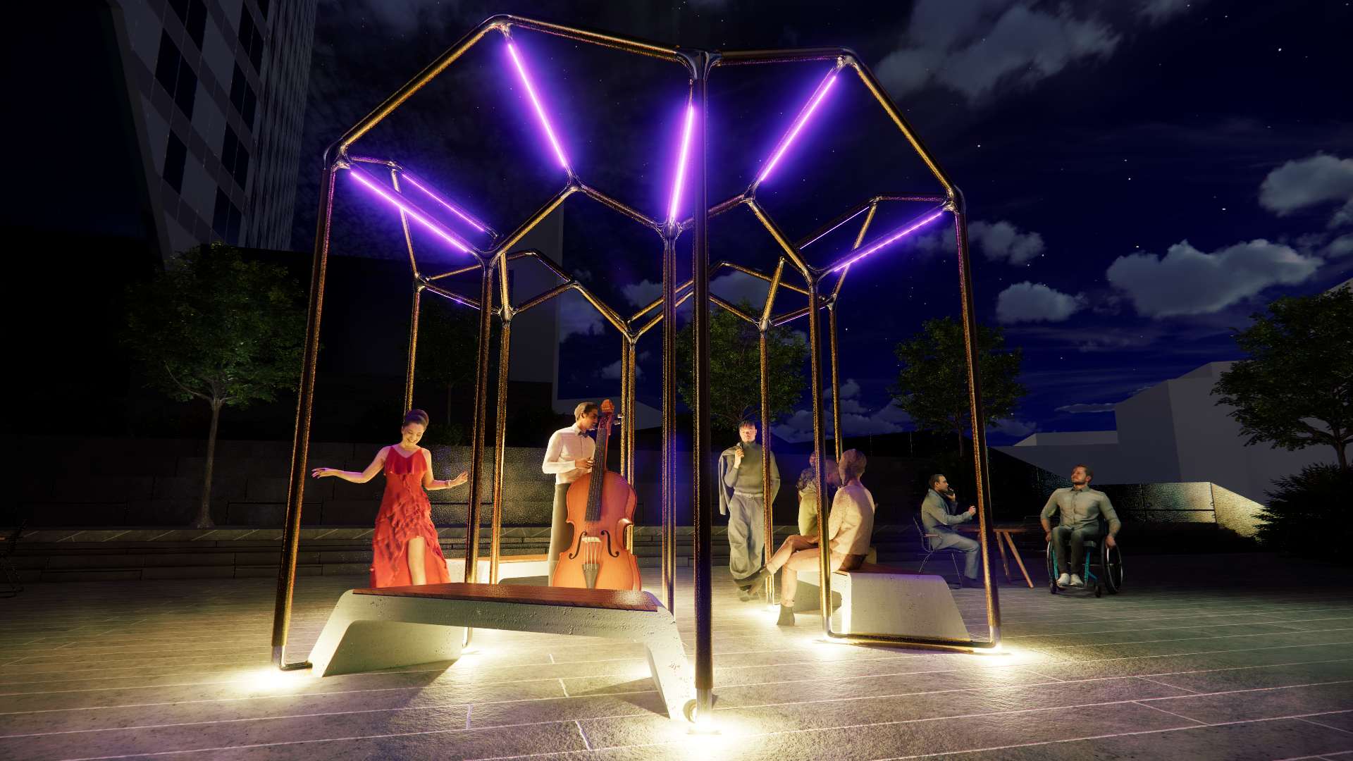 Nighttime outdoor scene of a group of people enjoying a musical performance under a modern, illuminated, geometric structure, with trees and buildings in the background.