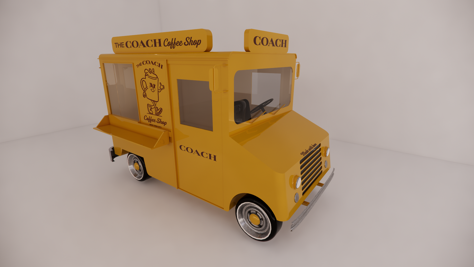 Yellow coffee food truck with 'The Coach Coffee Shop' written on top and side, cartoon character logo, black steering wheel visible through large front window, small silver bumper, parked on plain white surface.