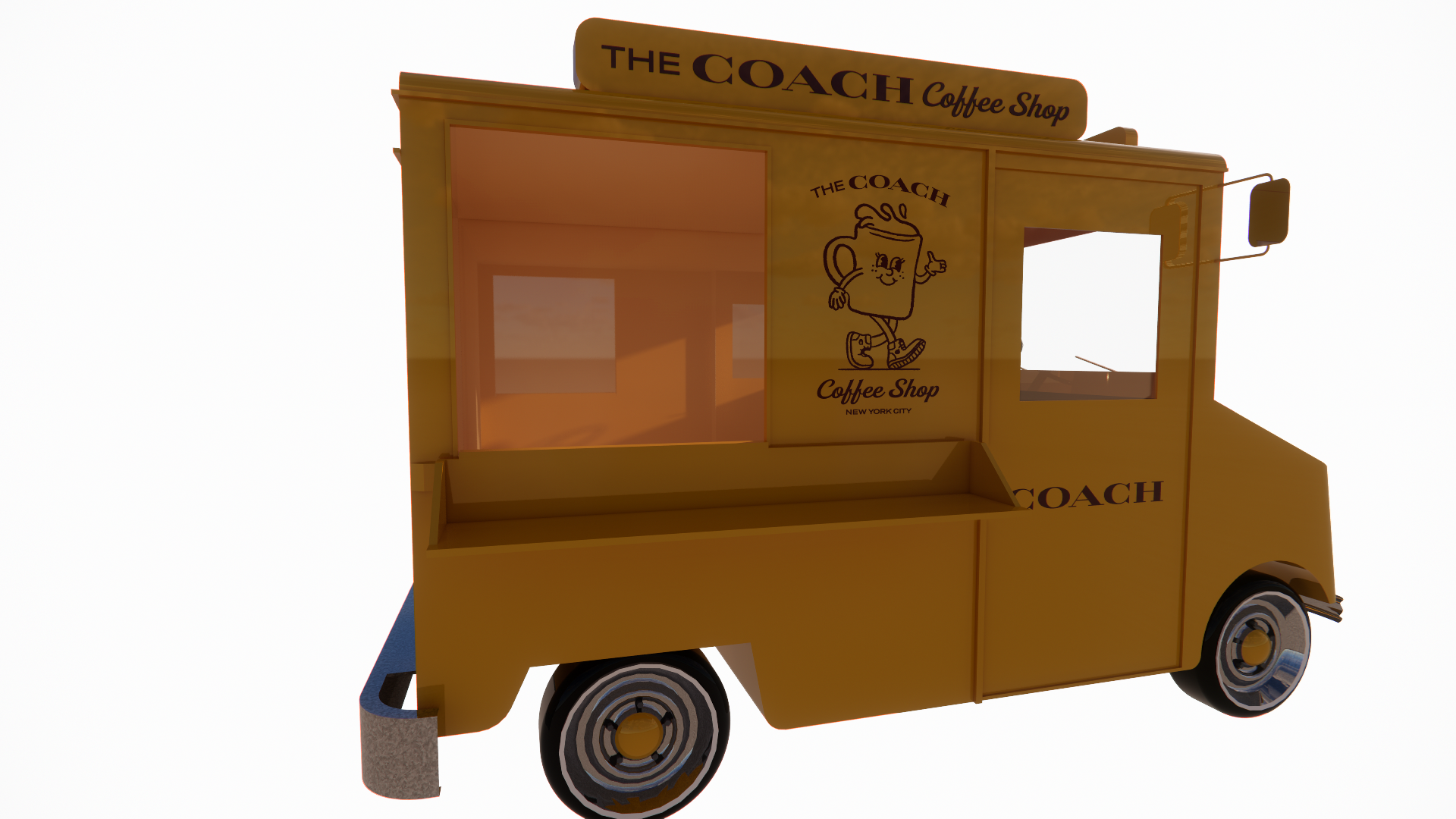 Yellow food cart with The Coach Coffee Shop signage and logo, an animated coffee mug character, and serving window, set against a plain background.