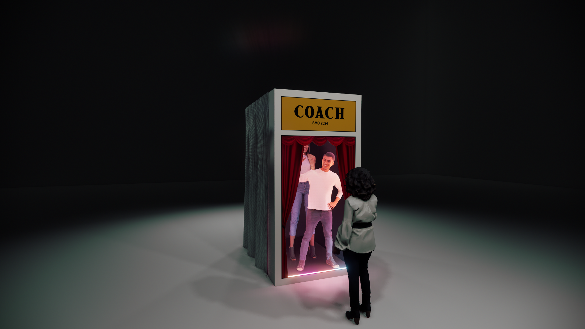 A digital clothing try-on booth for Coach, featuring a model on a screen with a red curtain background, displayed with the Coach brand and the text "SMC 2024", and a person observing the display.