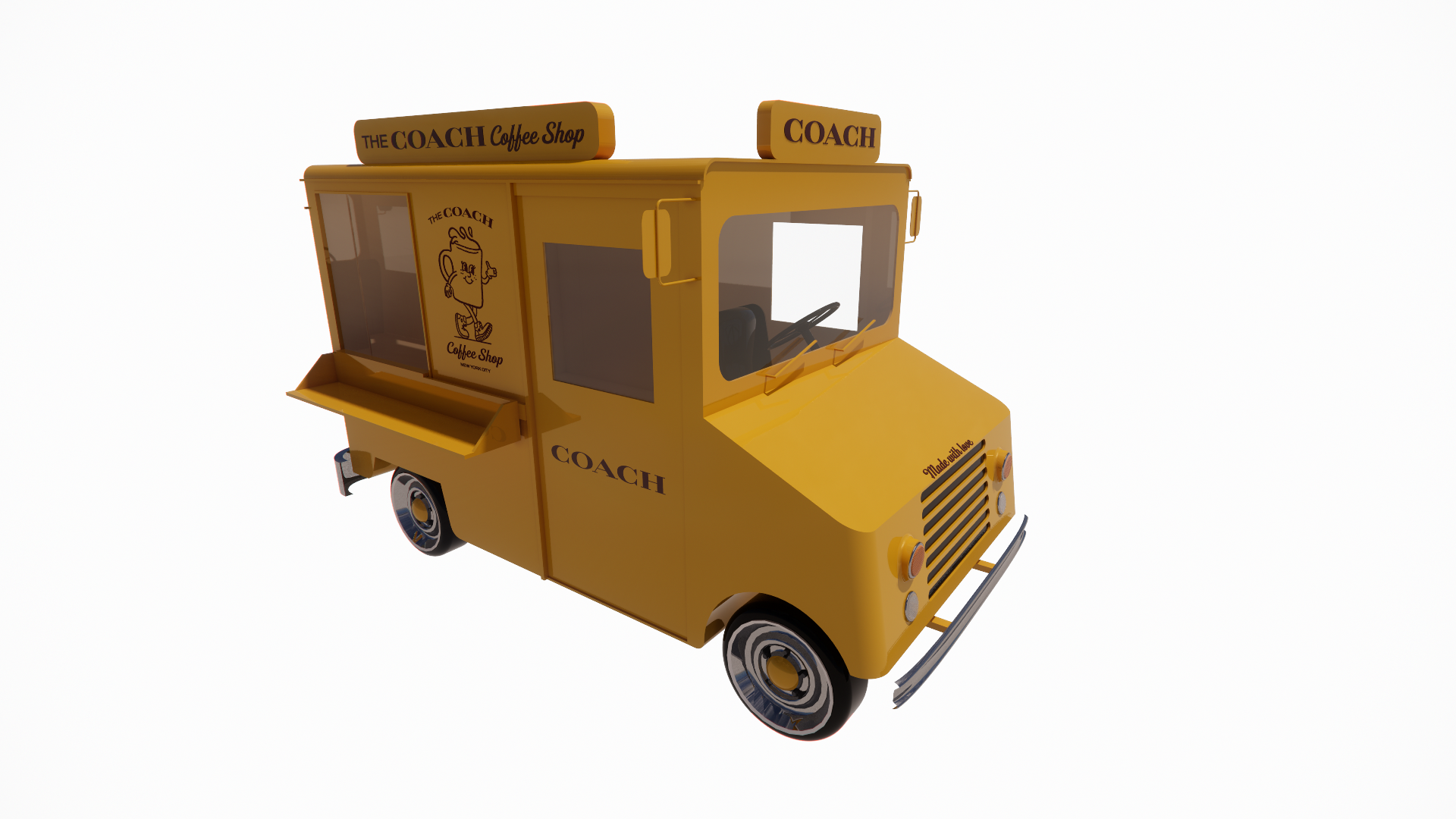 A yellow autocycle food truck with "The Coach Coffee Shop" branding, featuring a cartoon coffee mug mascot and serving window, with a small front windshield and some signage.
