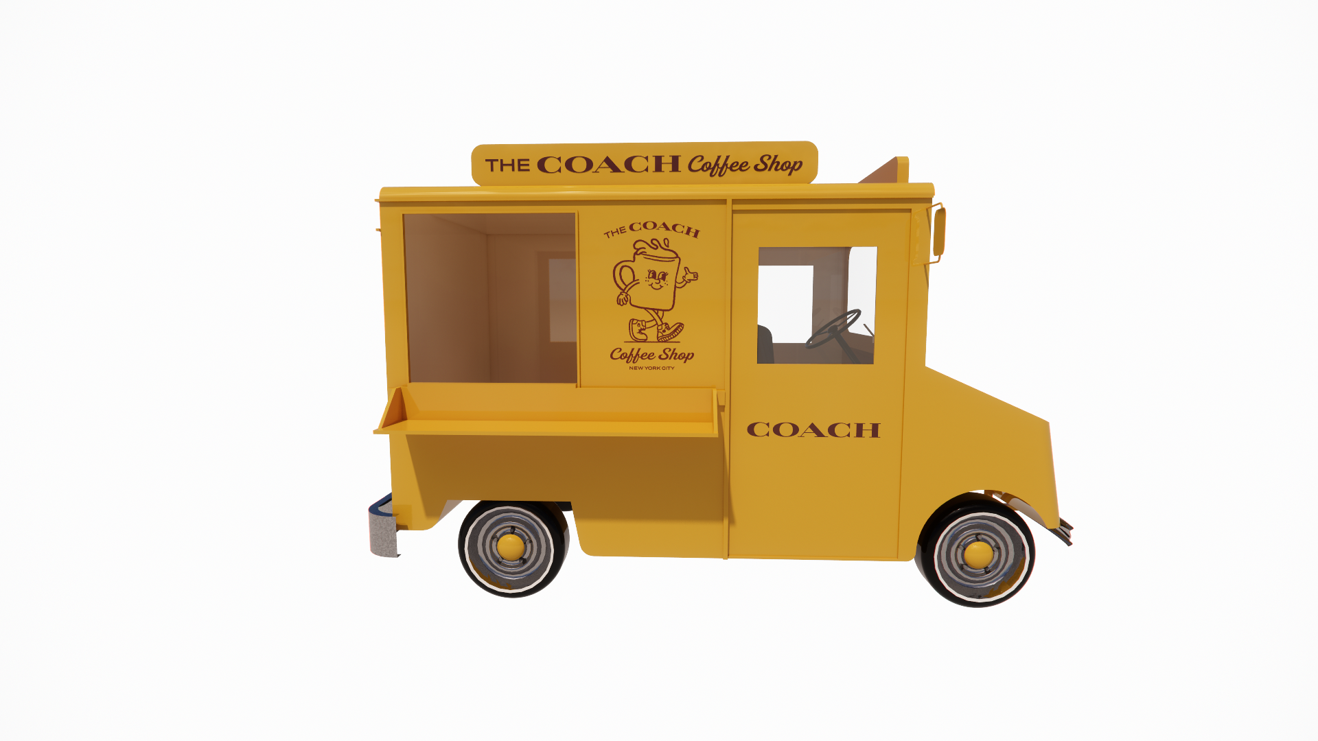 Yellow coffee cart with "The Coach Coffee Shop" signage, cartoon coffee cup mascot, and windows, set against a white background.