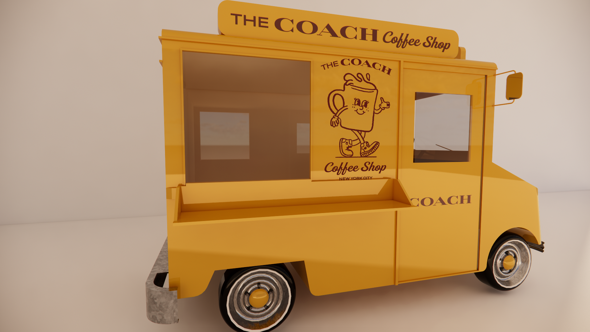 Yellow food truck with branding for 'The Coach Coffee Shop' featuring a cartoon coffee mug with a smiling face and giving a thumbs-up, located in New York City.