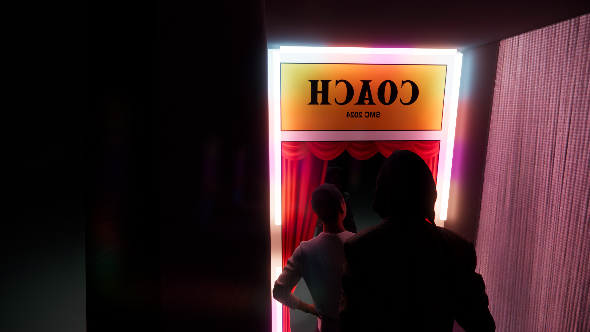 People standing under a neon sign with the word "COACH" flipped upside down, next to a stage curtain and a pink textured wall.