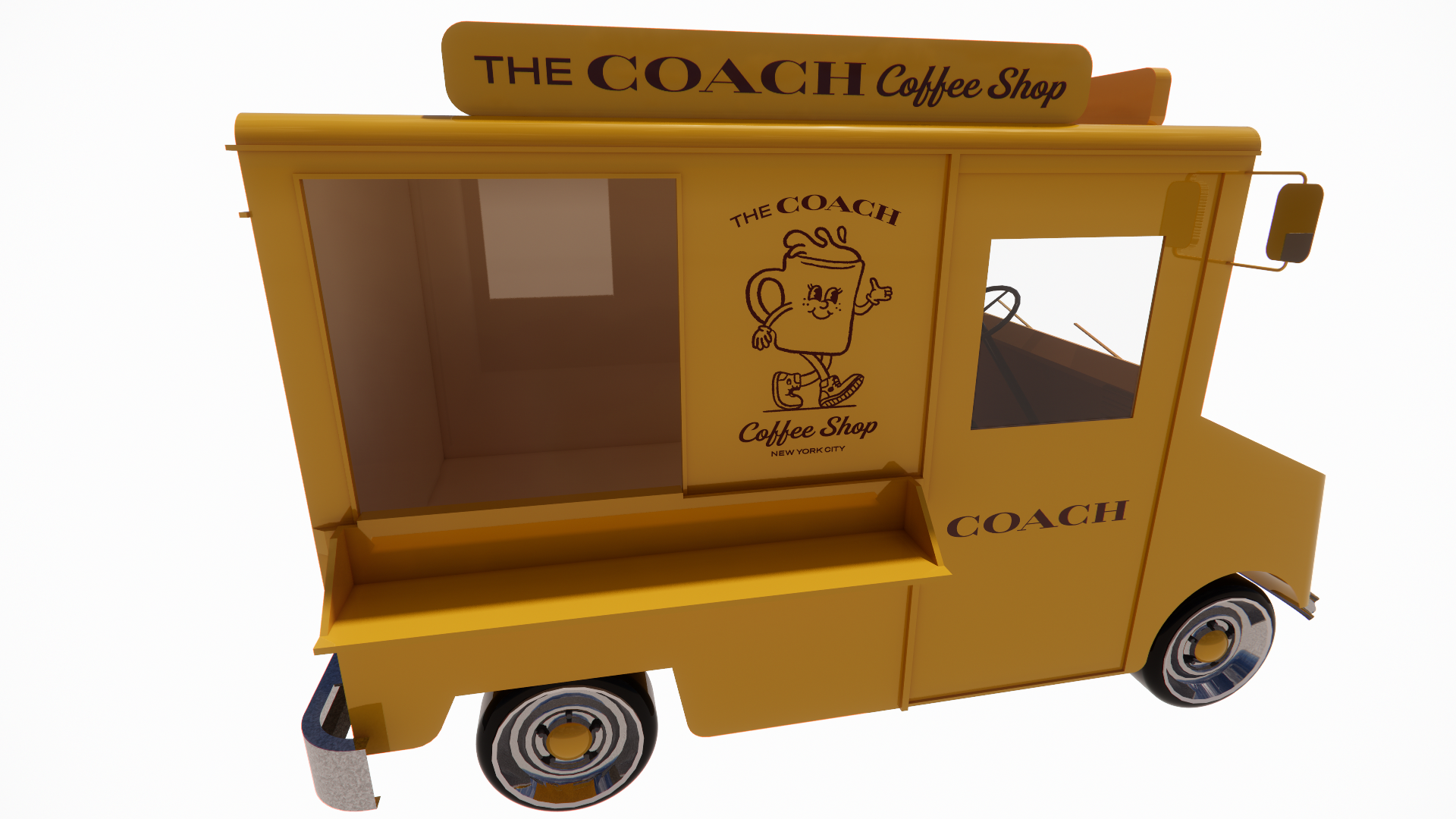 Yellow coffee shop vehicle with signage reading 'The Coach Coffee Shop' and a cartoon coffee mug mascot, with a window and a side mirror.