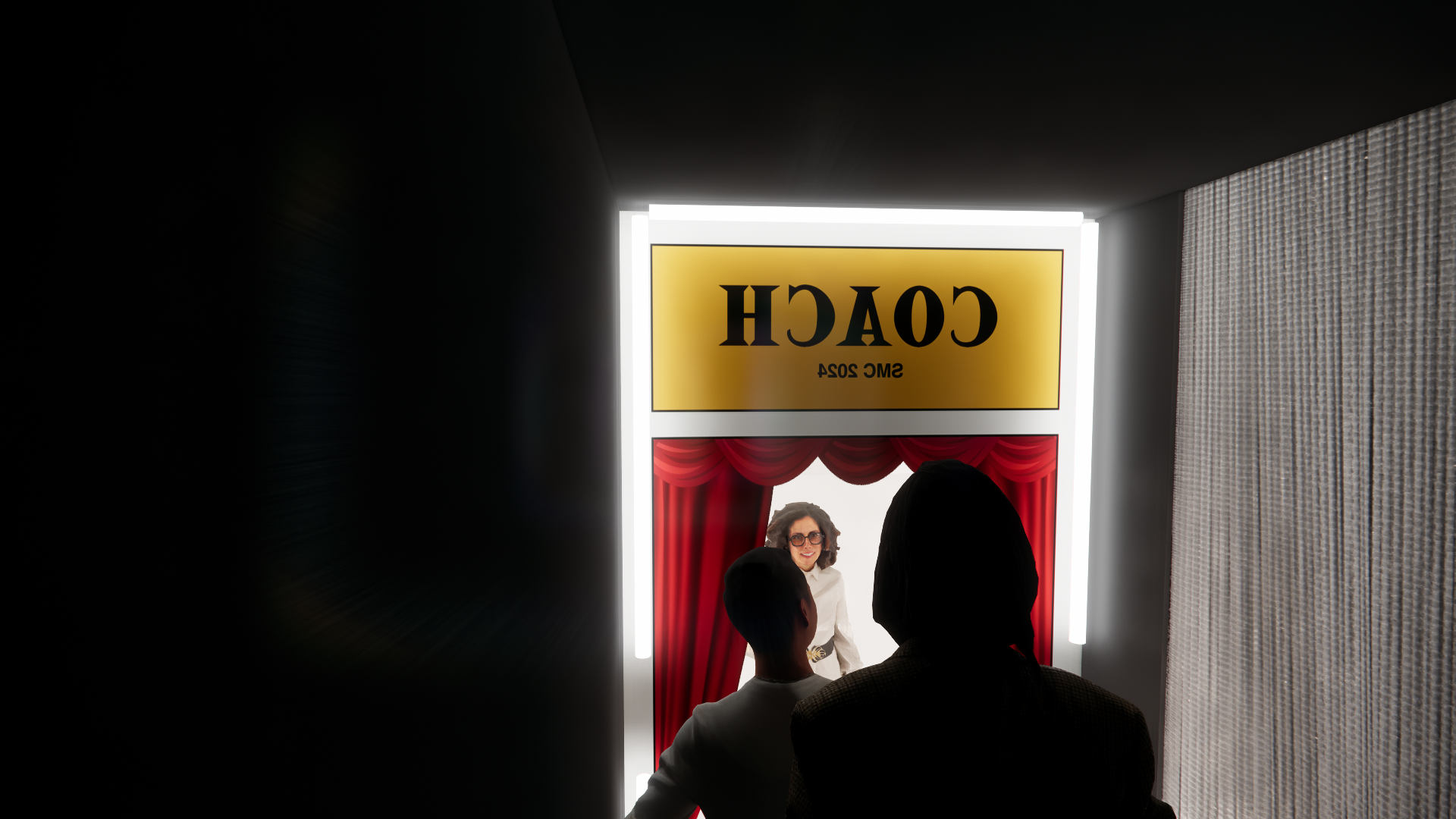 People waiting in line to see a woman on stage at a comedy show or presentation, with a sign that says "COACH" and "SMC 2024" above the stage.