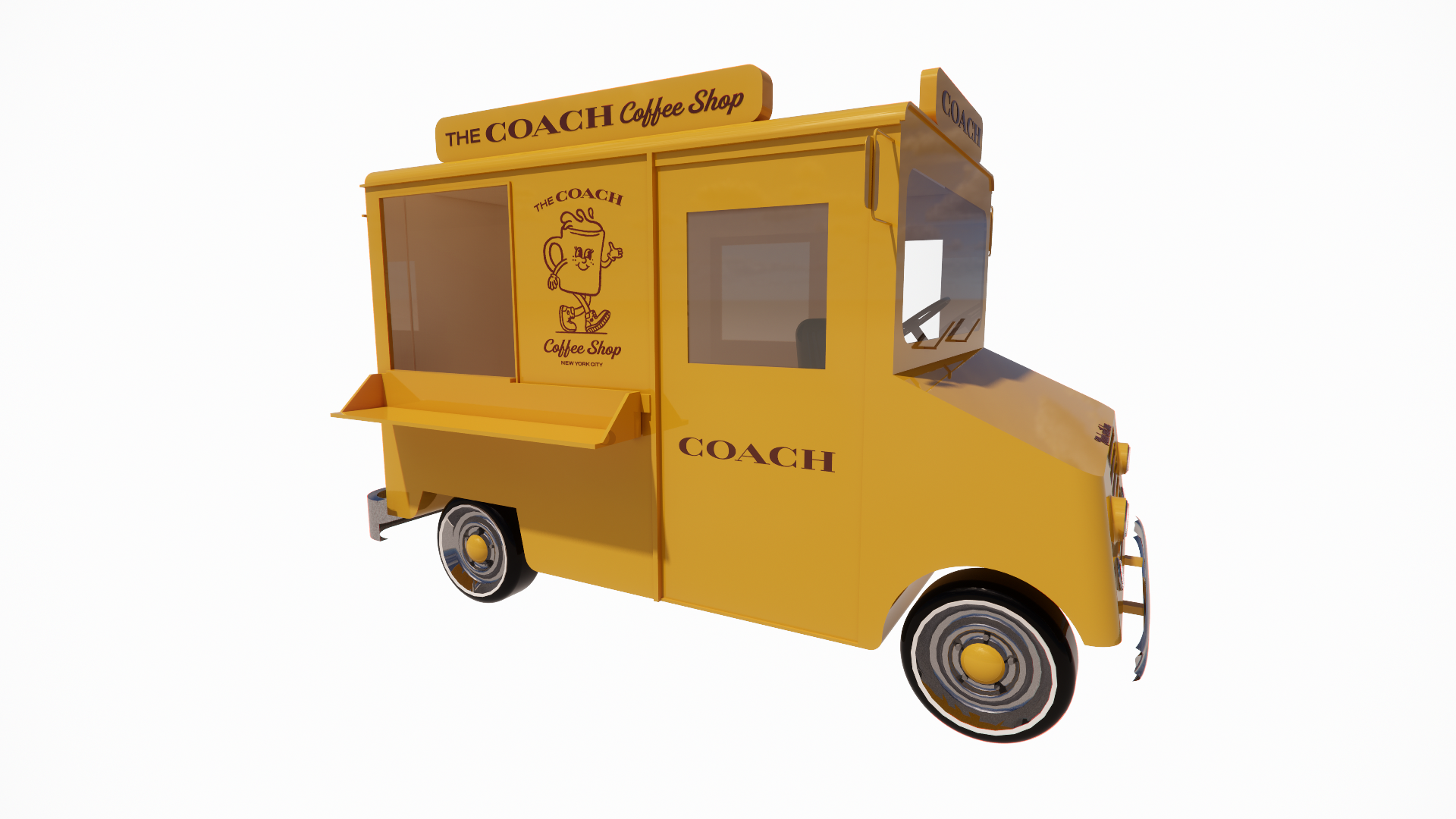 A yellow mobile coffee shop cart with the brand name 'The Coach Coffee Shop' and logo of a smiling coffee mug, featuring large windows and a driver’s seat visible through the front window.