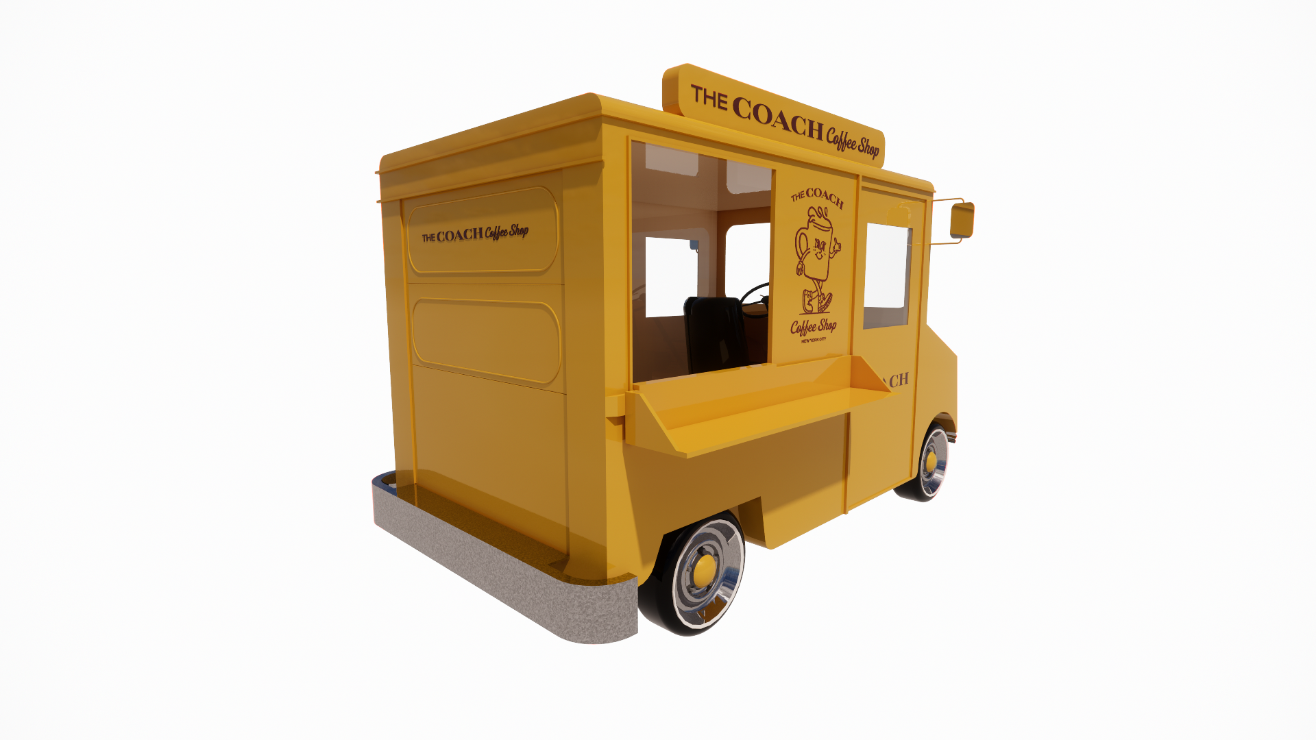 A yellow food truck with signage for a coffee shop, featuring a cartoon coffee cup logo, and serving window on the side.