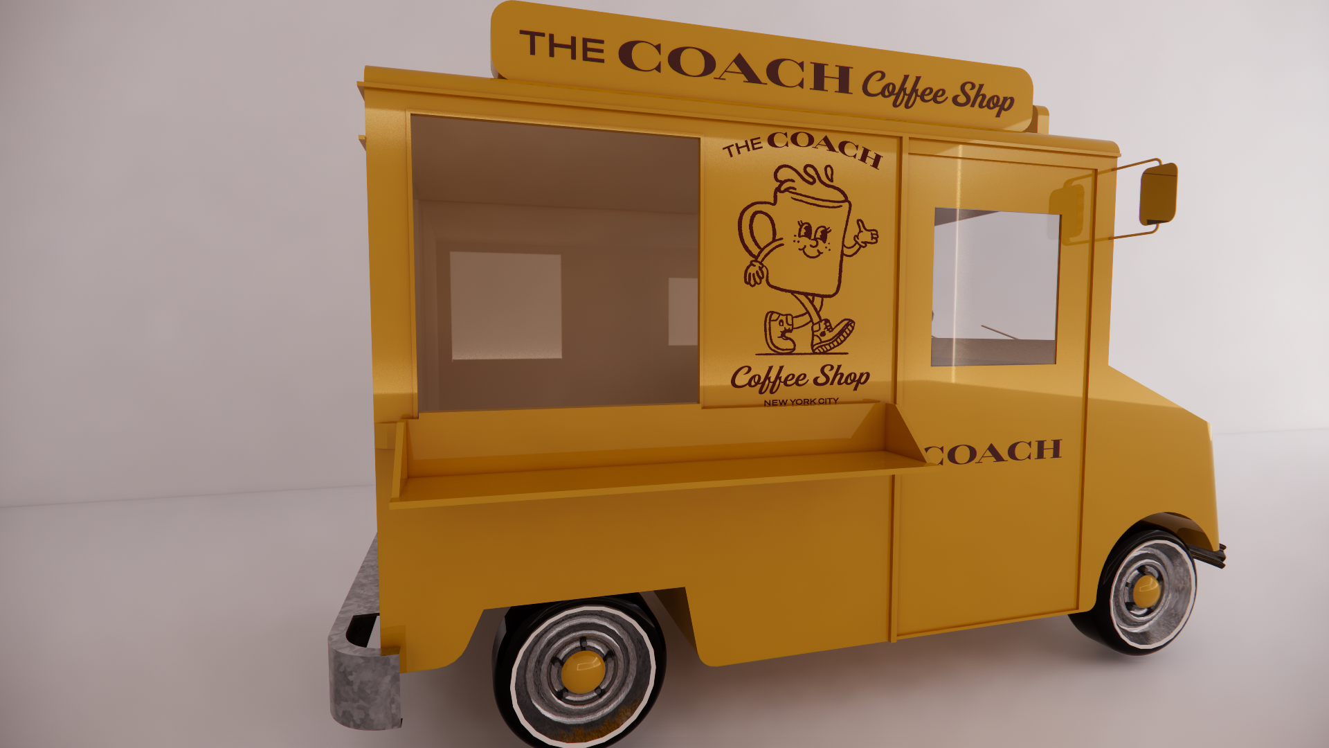 Yellow food truck with the sign 'The Coach Coffee Shop' and a cute cartoon coffee mug giving a thumbs up