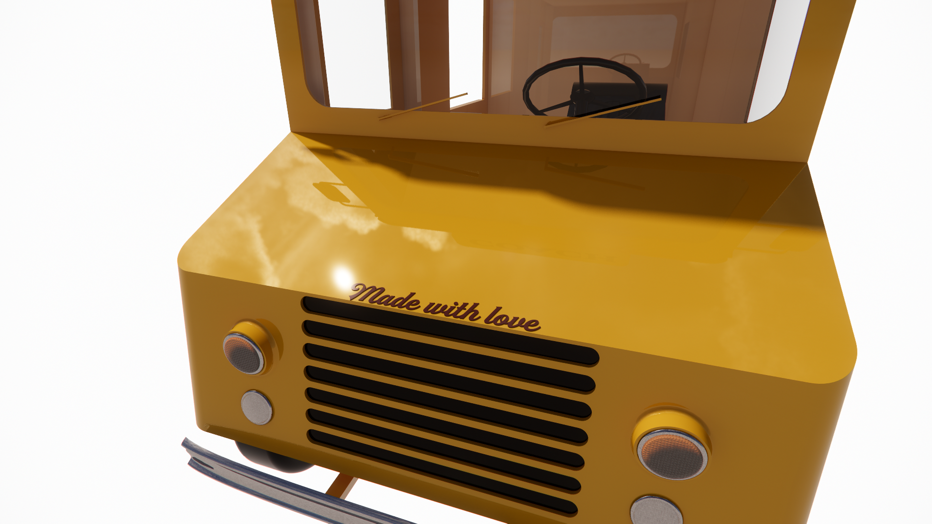 Yellow vintage truck with the phrase 'Made with love' written on the front.