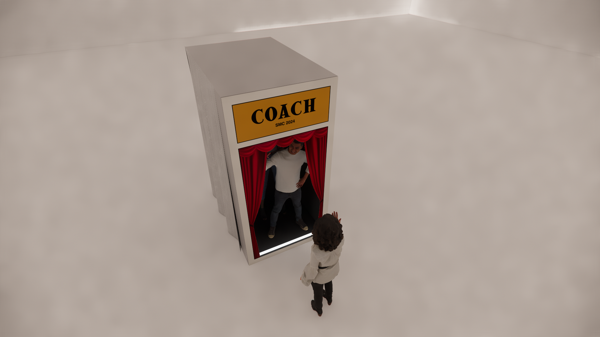 A photo of a photo booth with a sign that reads 'COACH SMC 2024' on top. Two people are standing inside the booth and appear to be taking a picture together.