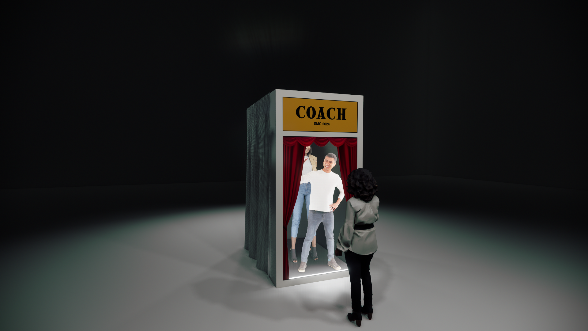 A woman looks at a cutout stand of three smiling people in front of a red curtain with 'COACH' and 'SMC 2024' written above.