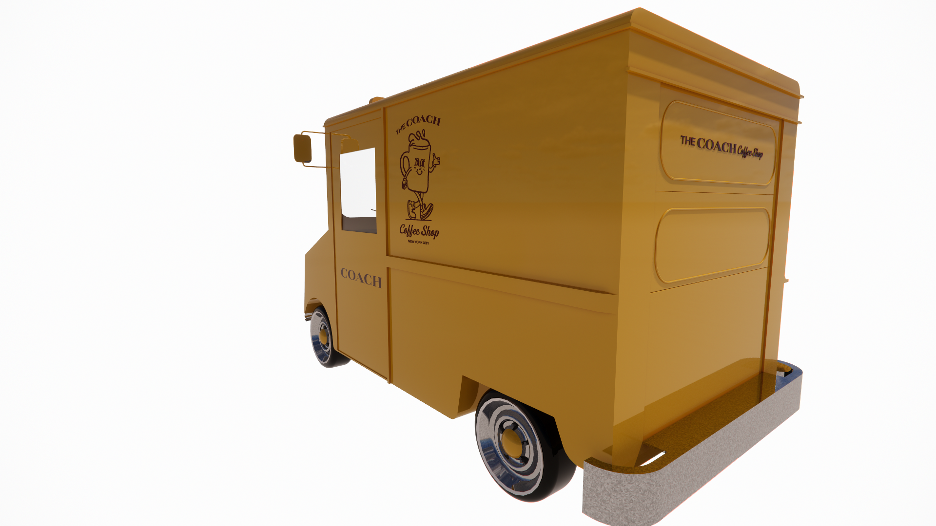 Yellow coffee shop mobile cart with the logo "The Coach Coffee Shop" and a cartoon coffee mug character.
