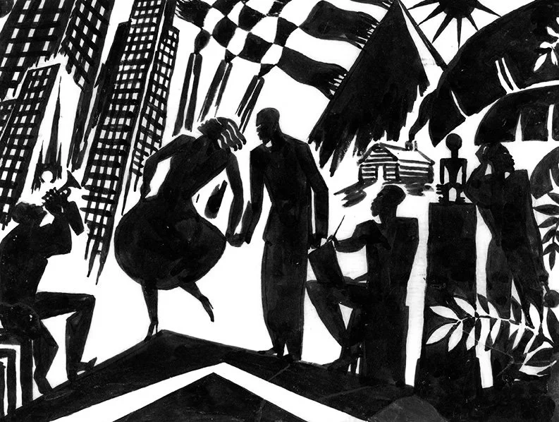Silhouettes of people dancing and sitting in an urban outdoor setting with skyscrapers, flags, and trees.
