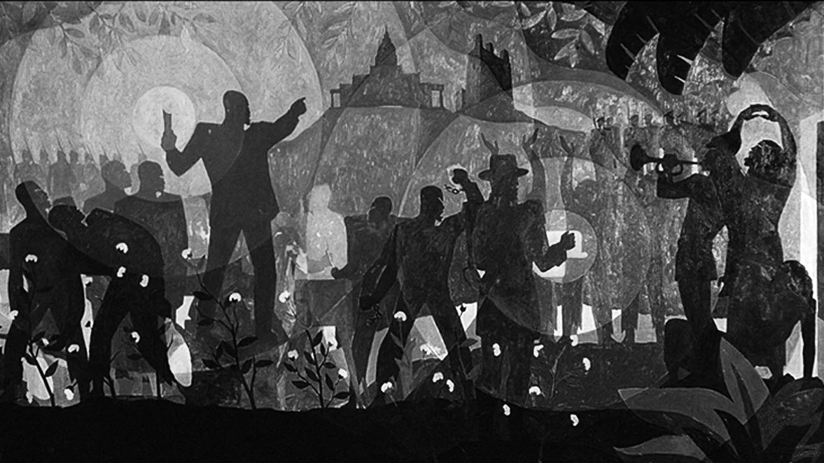 Silhouettes of people enjoying music and socializing outdoors at night, with a large moon and trees in the background.