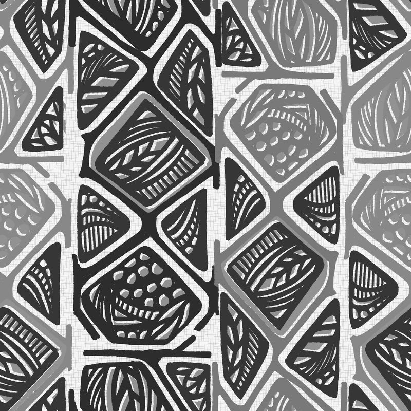 Black and gray abstract geometric pattern with irregular shapes and intricate line details.