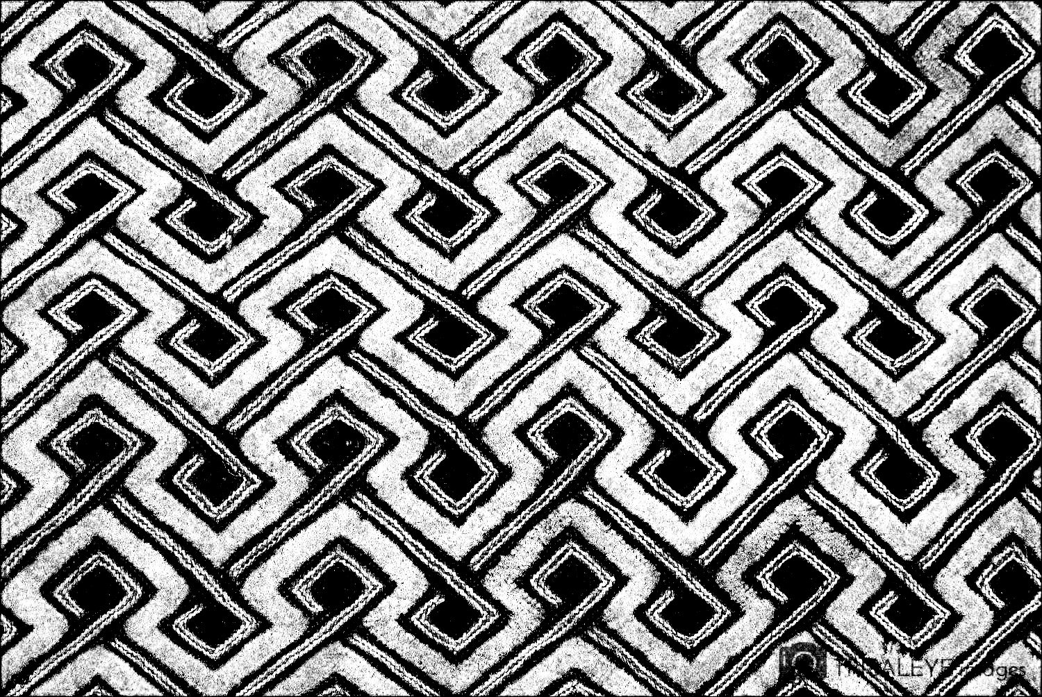 Black and white geometric carpet pattern with interconnected diamond shapes.
