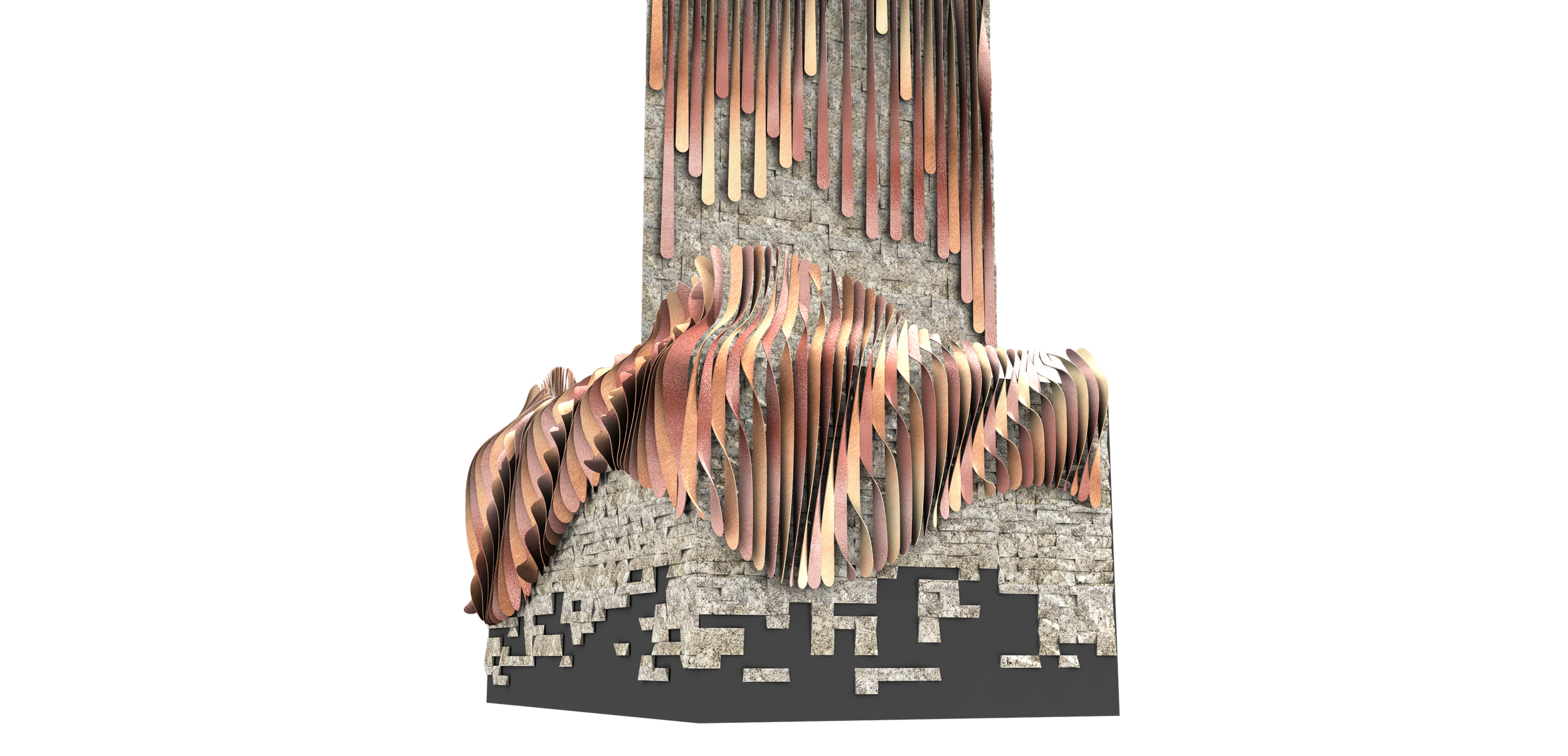 A modern sculpture with layered wooden strips hanging from a brick wall.