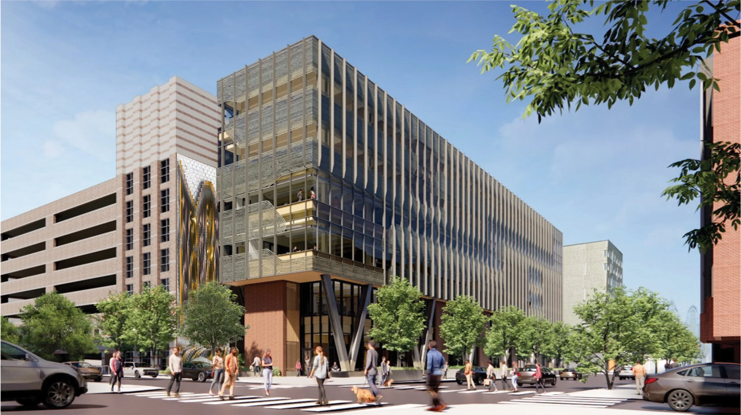Modern multi-story office building with glass and metal façade, surrounded by trees and people crossing the street in an urban area under a clear blue sky.
