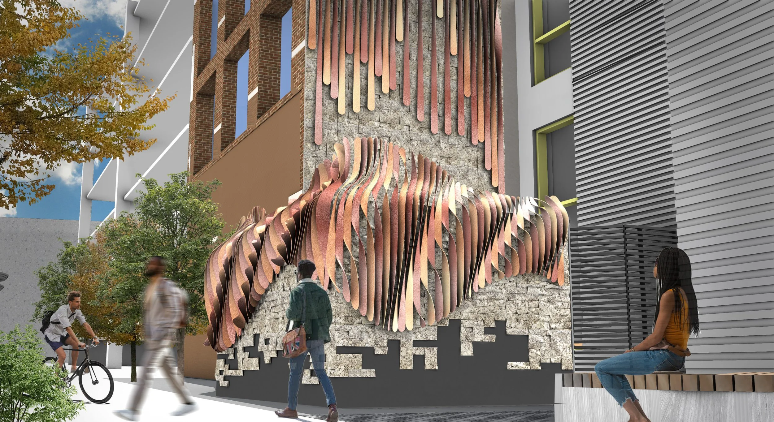 Urban scene with pedestrians and construction, building featuring textured brick, concrete, and decorative wood or metal panel art