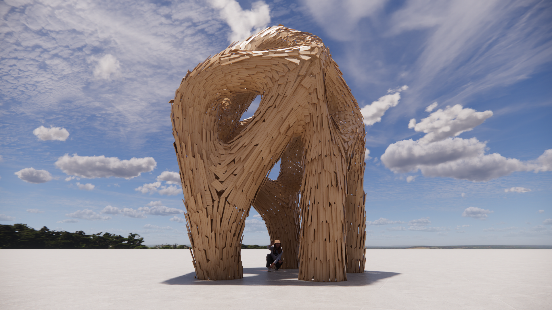 Large wooden sculpture resembling a twisting, circular form outdoors under a partly cloudy sky, with a person sitting underneath.