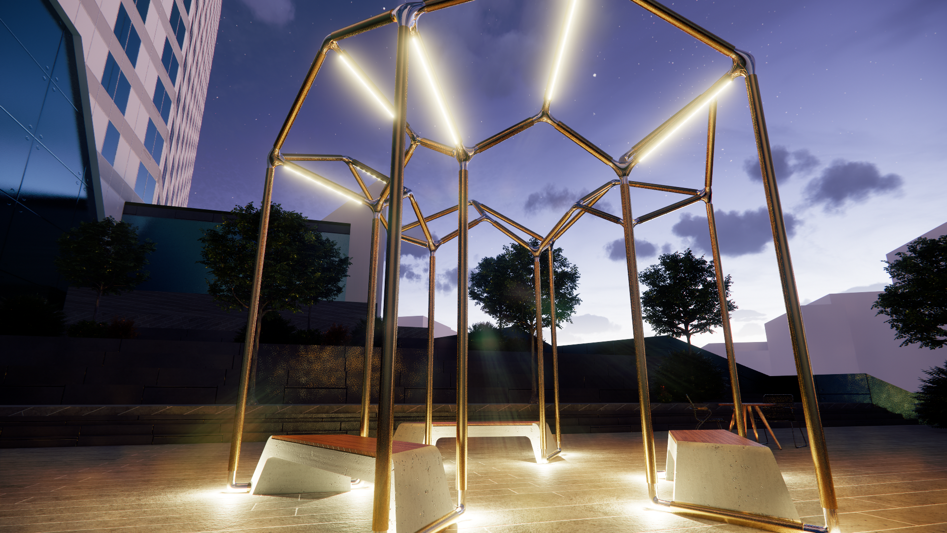 Modern outdoor art installation with illuminated metal framework in a park at dusk, surrounded by trees and buildings.