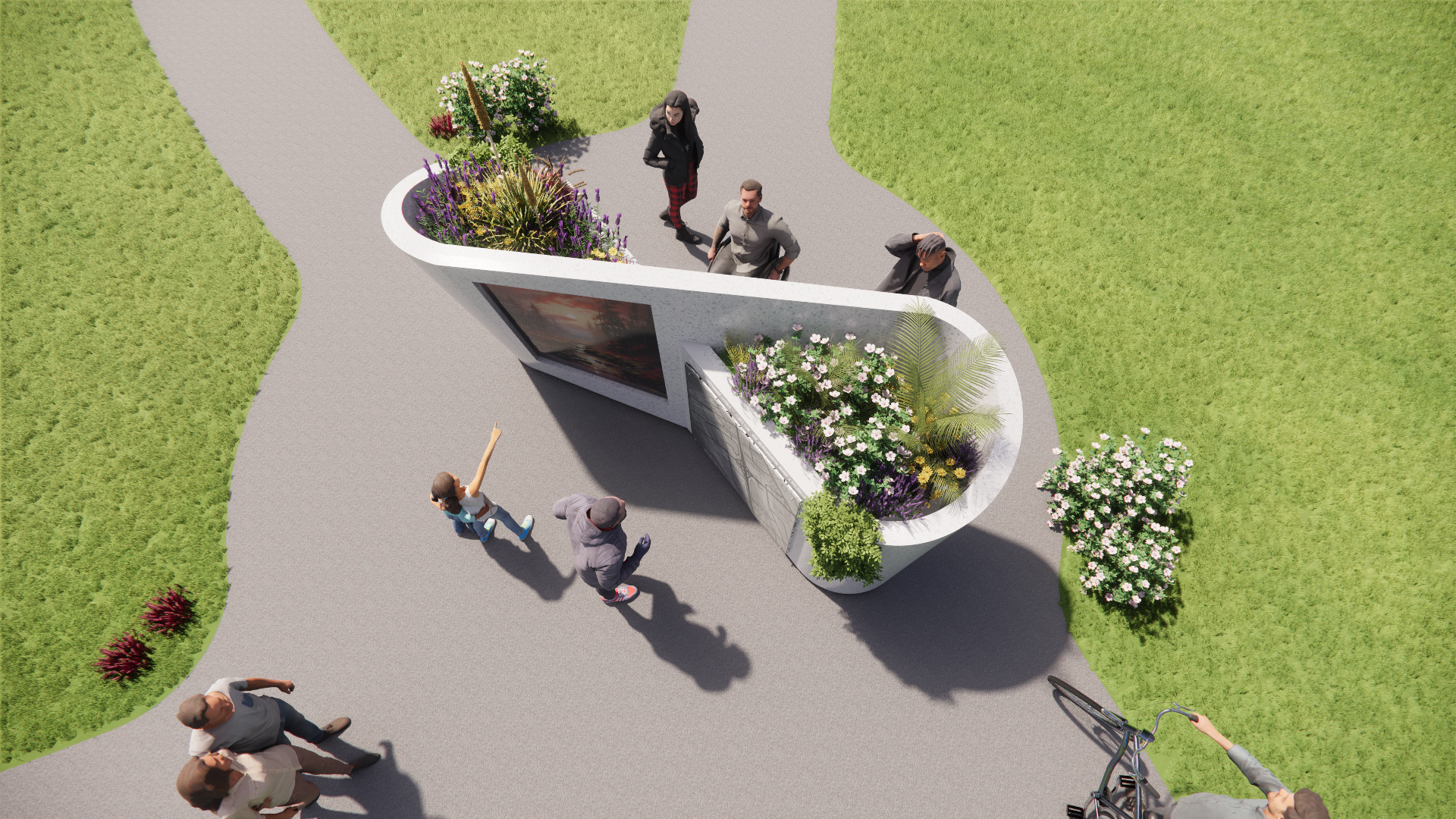Bird's eye view of a park with a curved flower bed and a large informational sign. Several people are gathered around, some walking, others looking at the sign, and a person holding a bicycle.