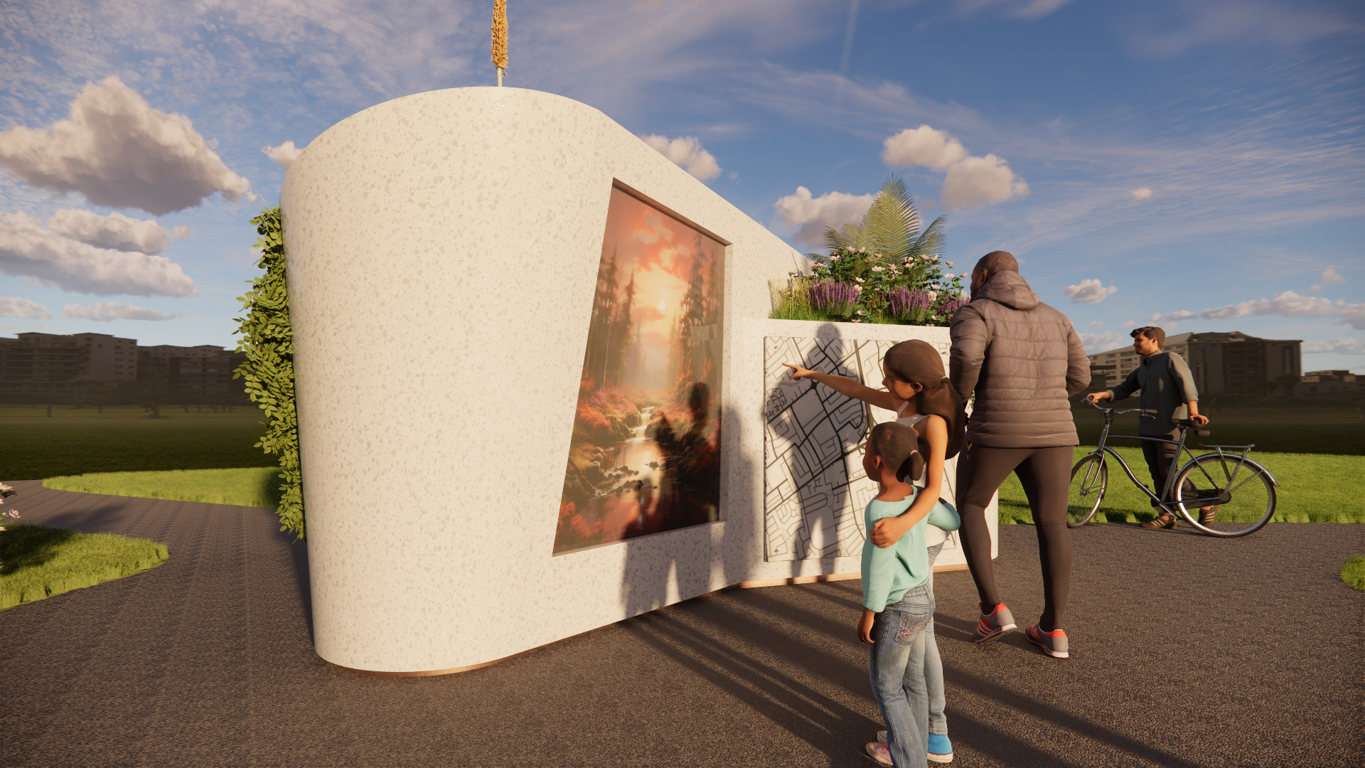 A family of three, a woman and two children, viewing an outdoor art display with a sunset landscape, surrounded by plants and flowers on a sunny day in the park.