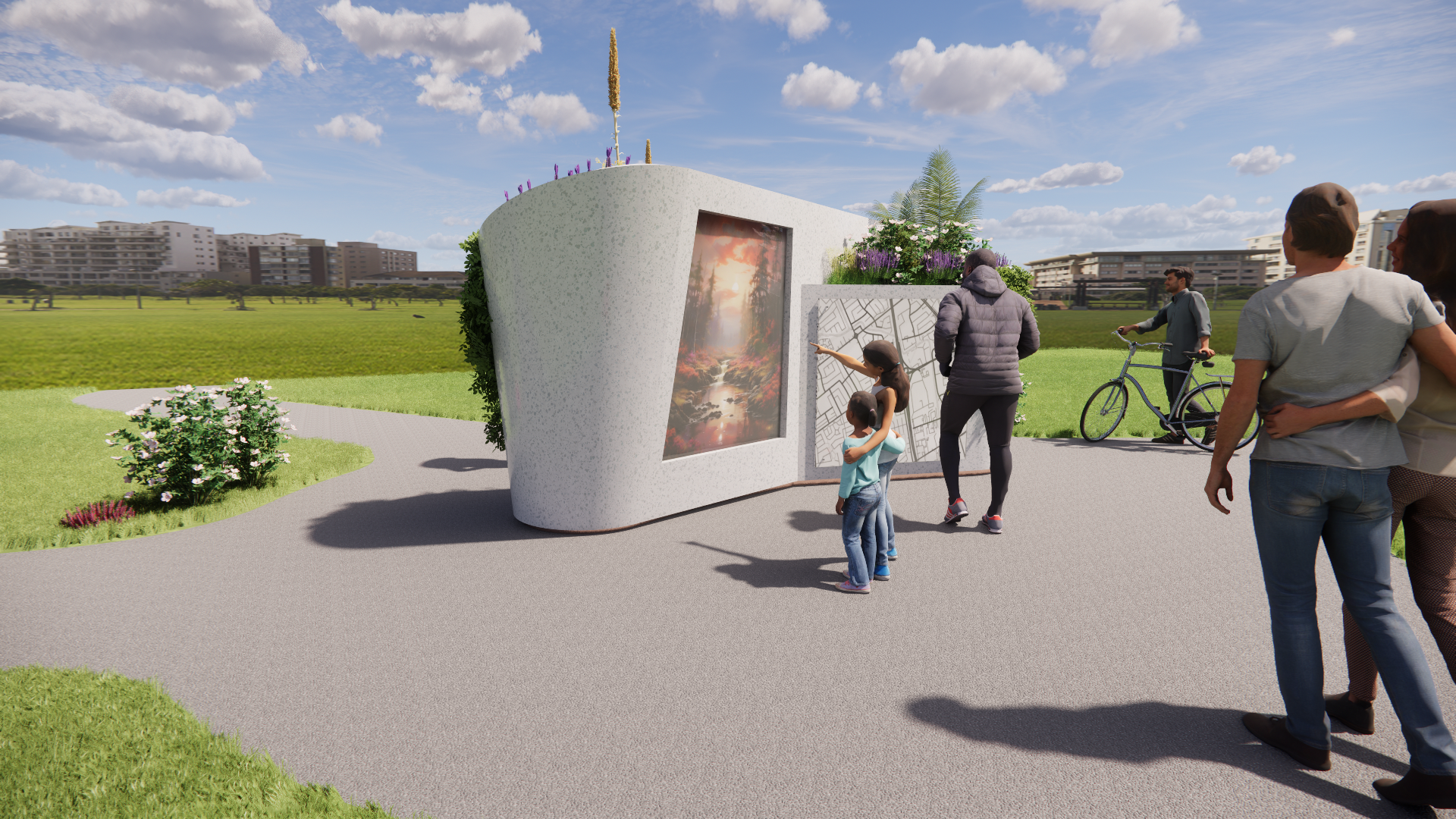 People viewing an outdoor art installation with large printed images and informational panels in a park, with grass, flowers, and apartment buildings in the background.