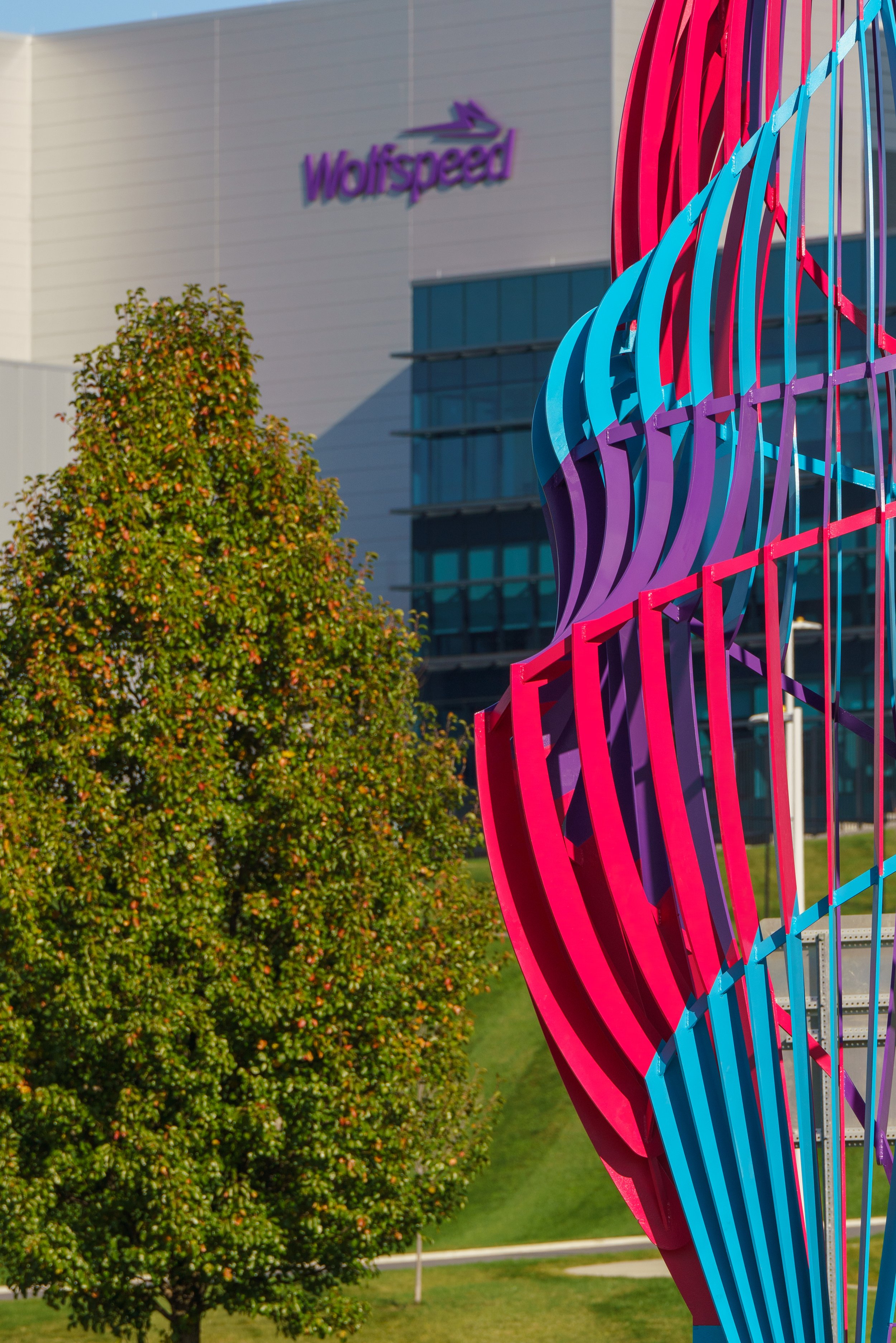 Colorful modern sculpture with curved blue and pink metal strips in the foreground, a tree with green leaves and orange berries in the middle ground, and a building with the WoFSPEED sign in purple in the background.