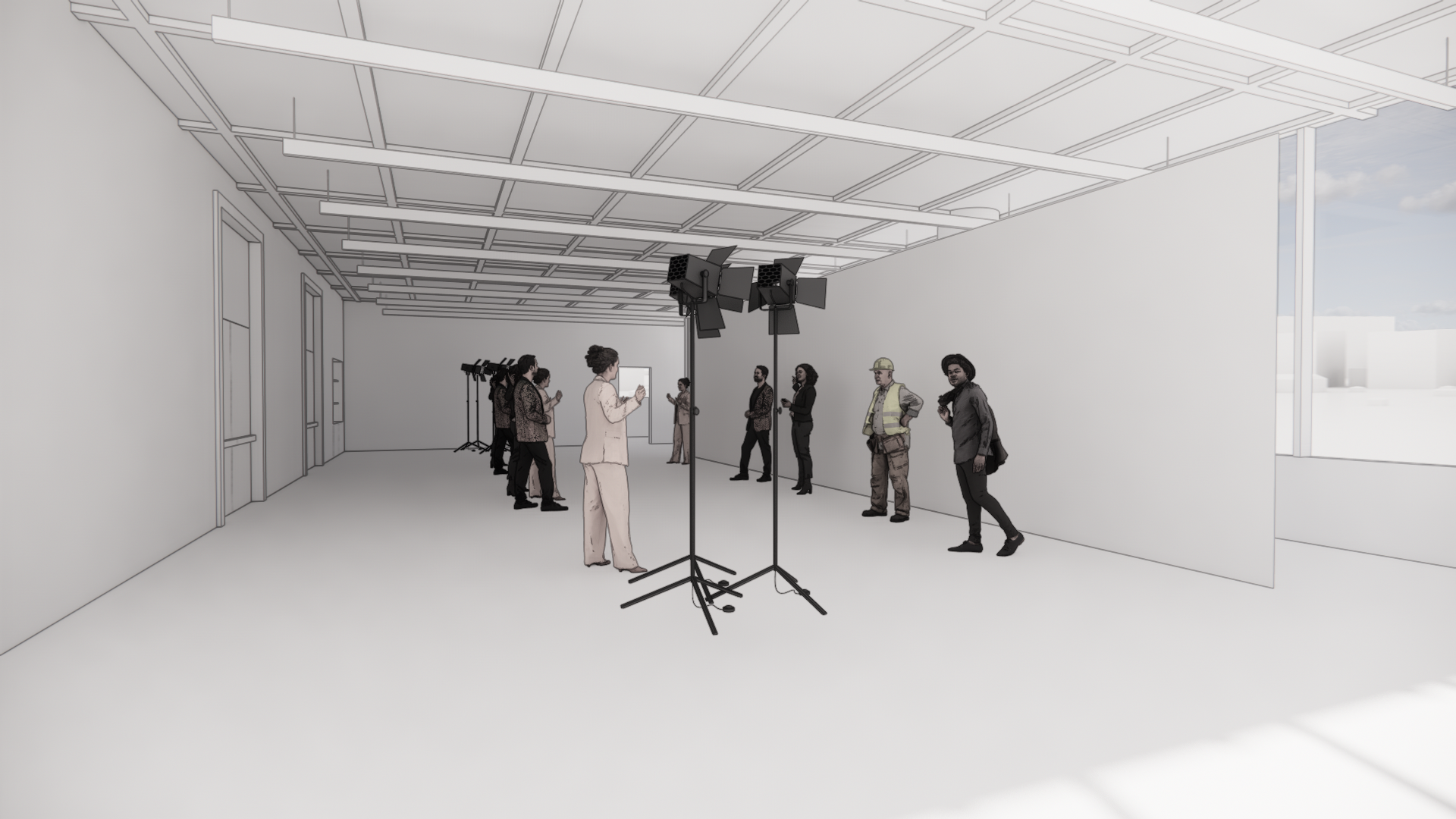 Sketch of an indoor space with people waiting in line, some using phones, and film equipment in the background.