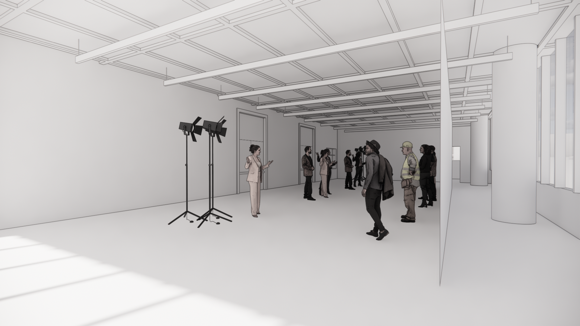 Sketch drawing of an art exhibit space with people viewing art and a woman speaking into a microphone on a stand.
