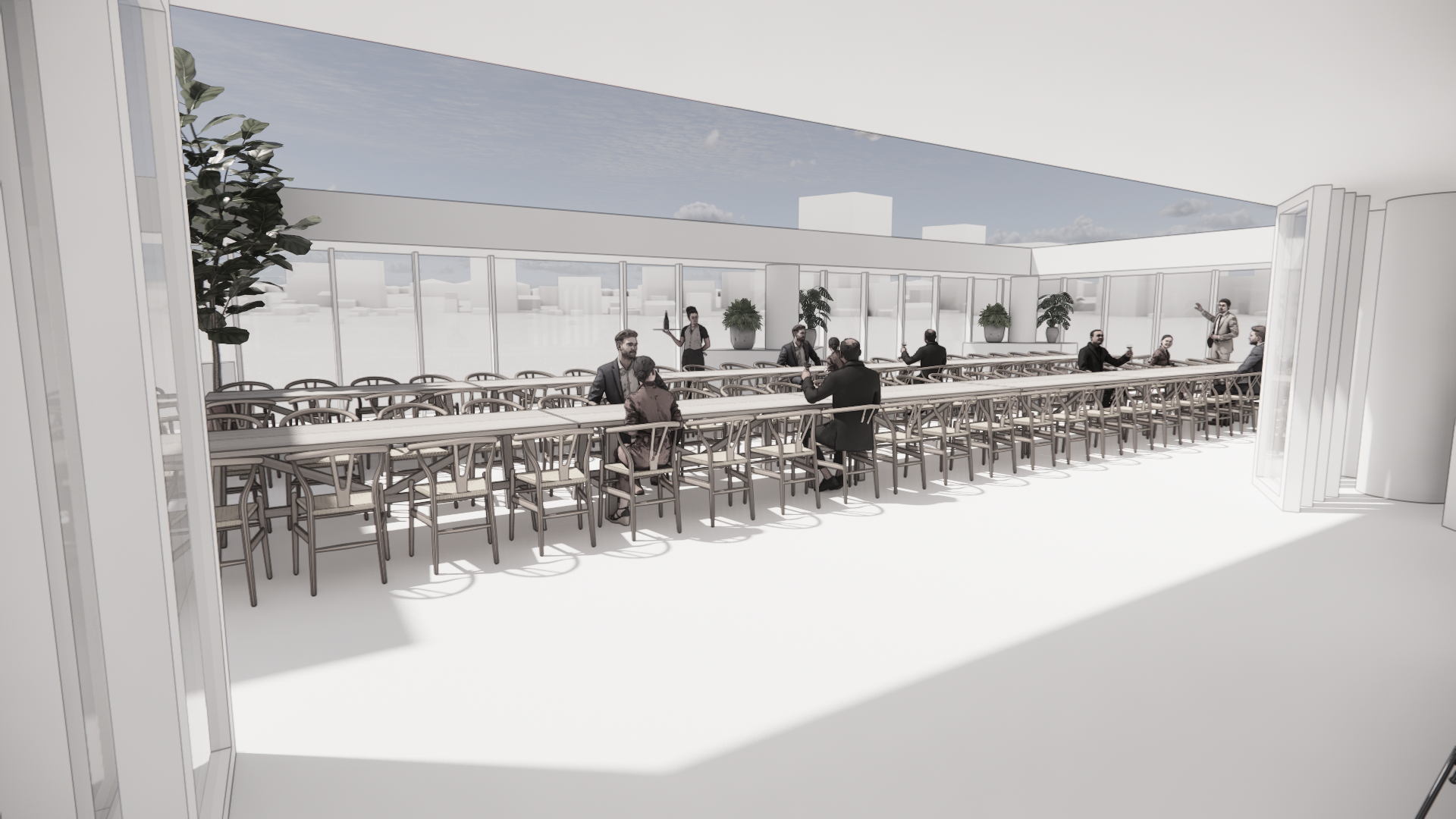 A spacious indoor venue with a large white table and many chairs, some people sitting and some standing, with large windows and potted plants, and a view of city buildings outside.