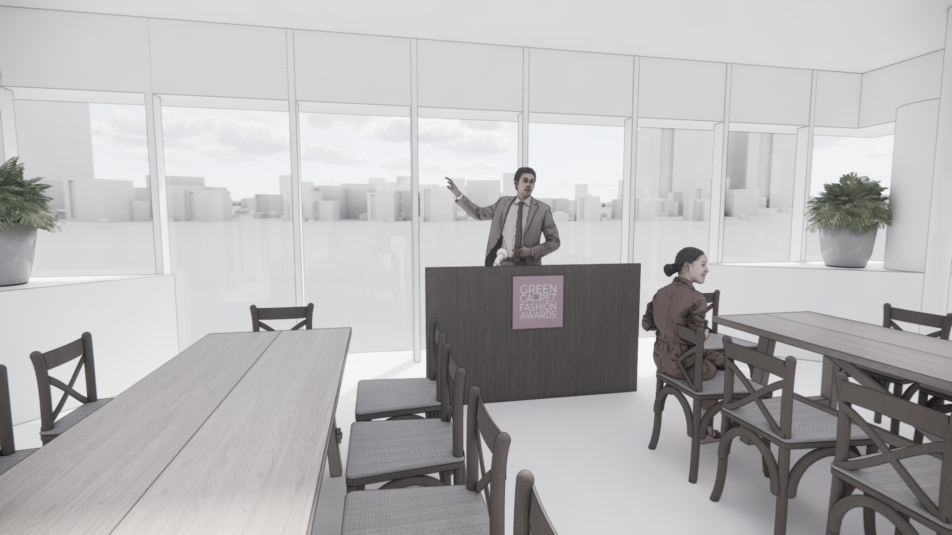 A man in a suit giving a presentation at a podium with a sign that reads 'Green Carpet Fashion Awards,' in a conference room with large windows, potted plants, and women seated at tables.