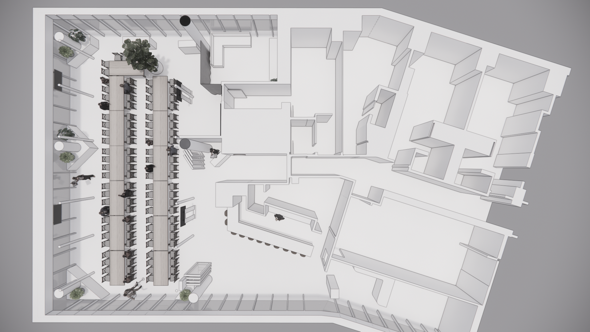 3D architectural rendering of an office interior showing rows of desks with people working, surrounded by walls with windows and green plants, viewed from a top angle.