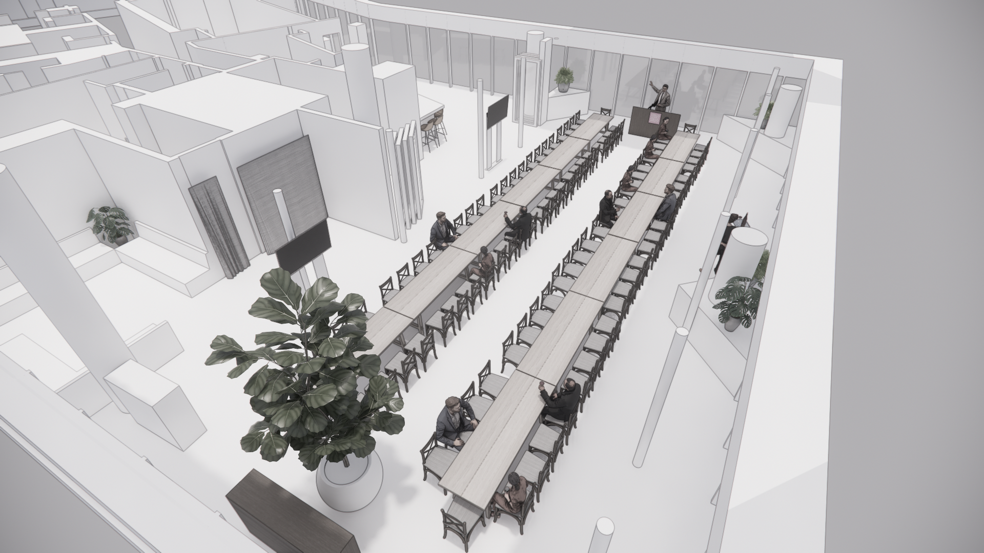 A large conference room with long tables arranged in a rectangular layout, surrounded by chairs. Several people are seated at the tables, engaged in conversation or working. The room features large windows along one wall, decorative plants, and a few