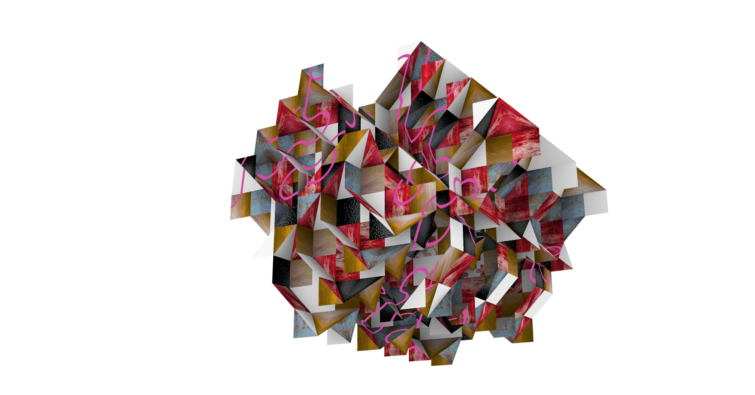 Abstract 3D geometric sculpture composed of various colorful cubes and pyramids with pink, black, white, red, blue, and gold textures on a black background.
