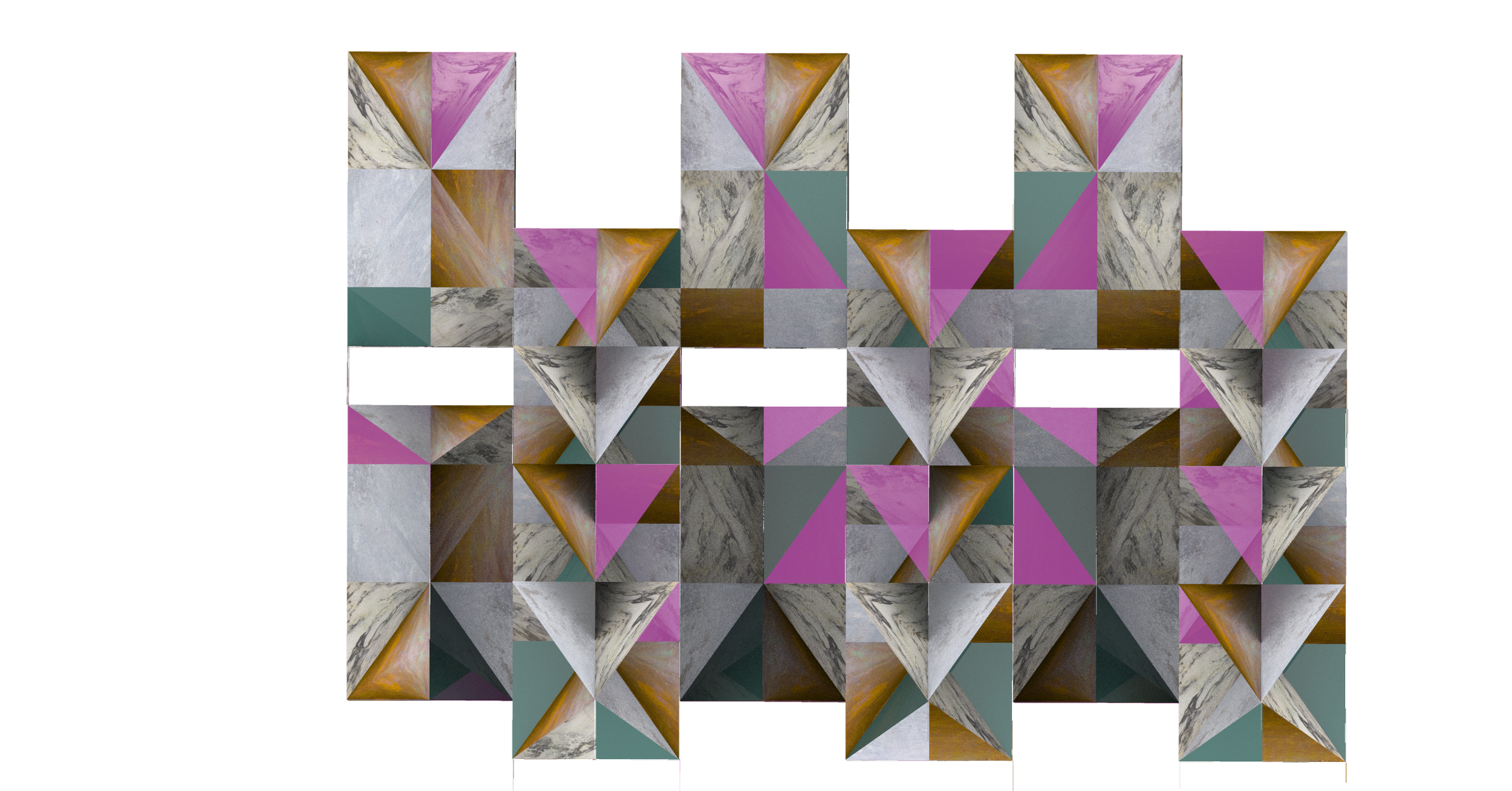 Abstract geometric pattern composed of triangles in shades of purple, gray, brown, and green, with a black background.
