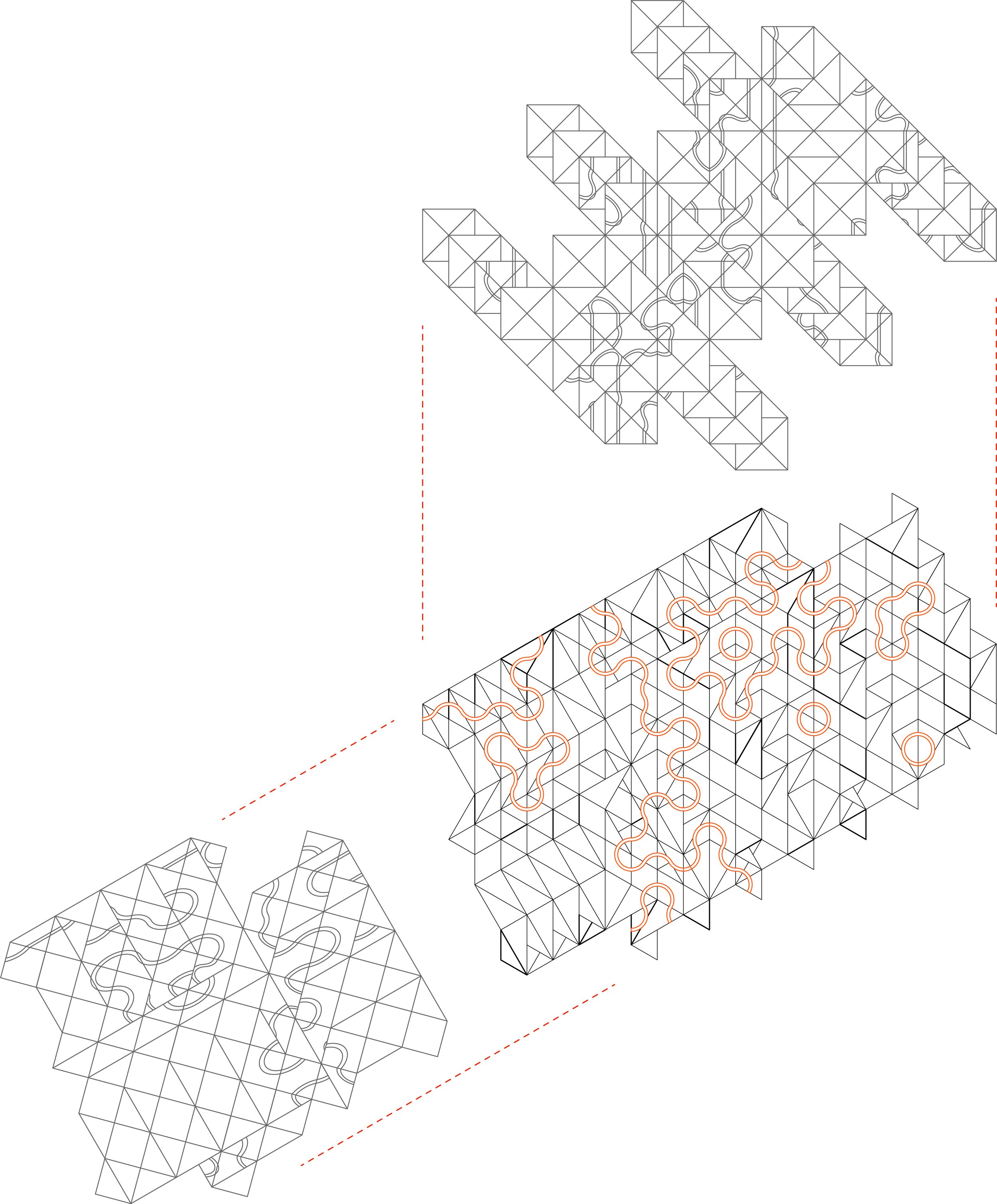 Line art geometric design with three large 3D cube structures, filled with intricate internal line patterns, set against a white background with faint red dotted lines.