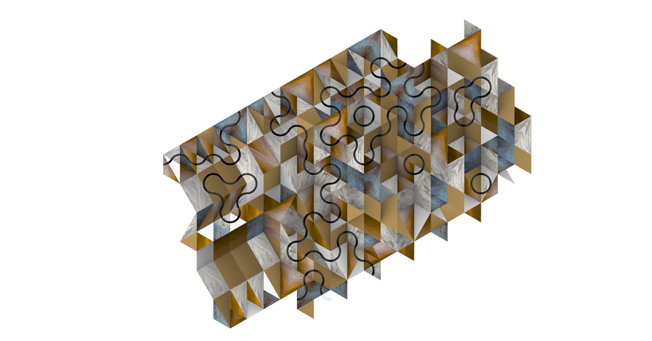 A geometric abstract digital illustration featuring a three-dimensional structure composed of numerous interconnected cubes with marble, gold, and rust textures, overlaid with curvy black lines on a black background.