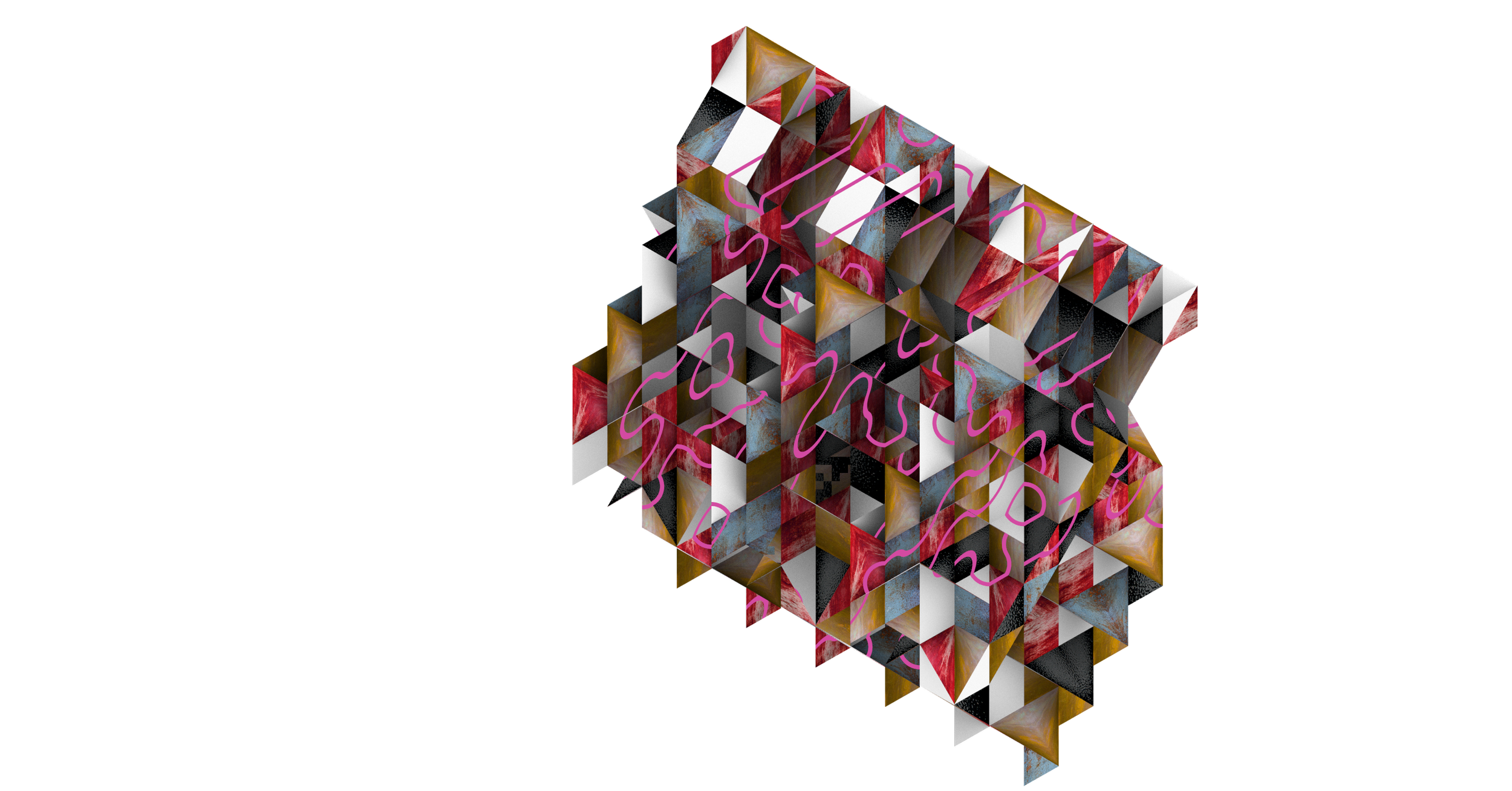 Digital abstract 3D cube with colorful geometric patterns and pink squiggly lines on a black background.