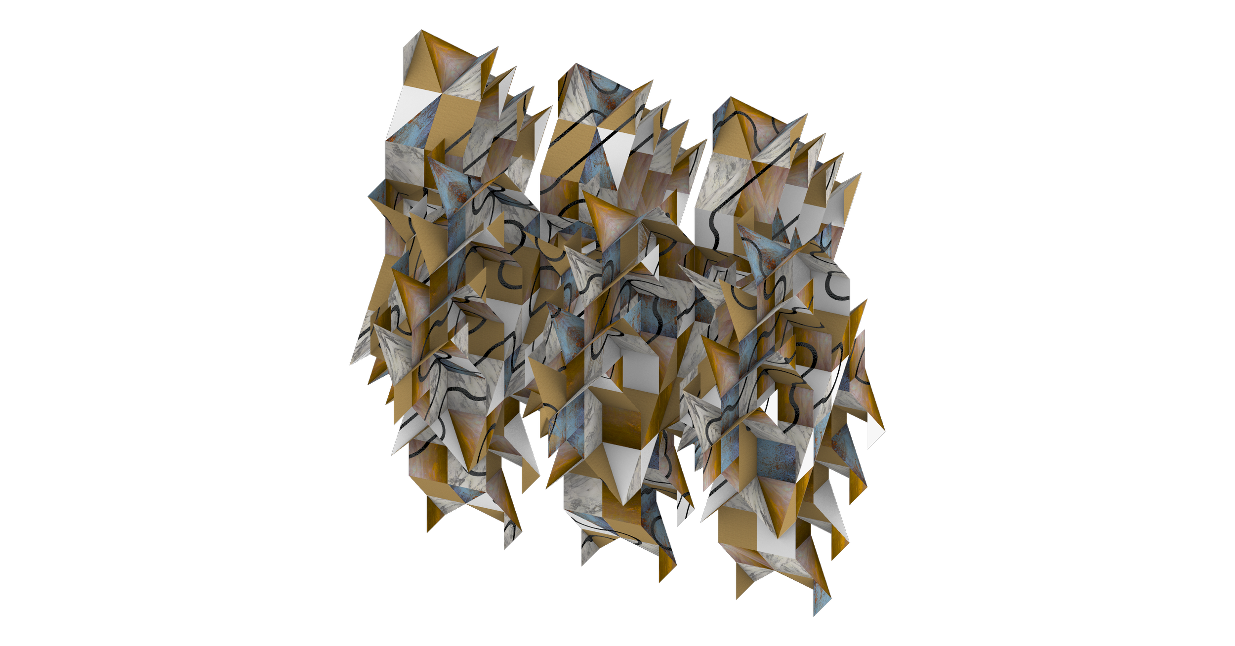 A 3D abstract geometric sculpture composed of numerous sharp, pointed shapes with metallic, marble, and painted textures, set against a black background.