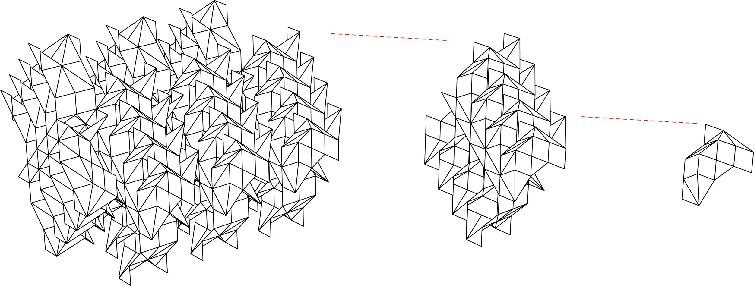 Line drawing of a geometric abstract structure with multiple interconnected triangles, expanding from a dense cluster on the left to a smaller, more simplified form on the right, with red dashed lines indicating axes.