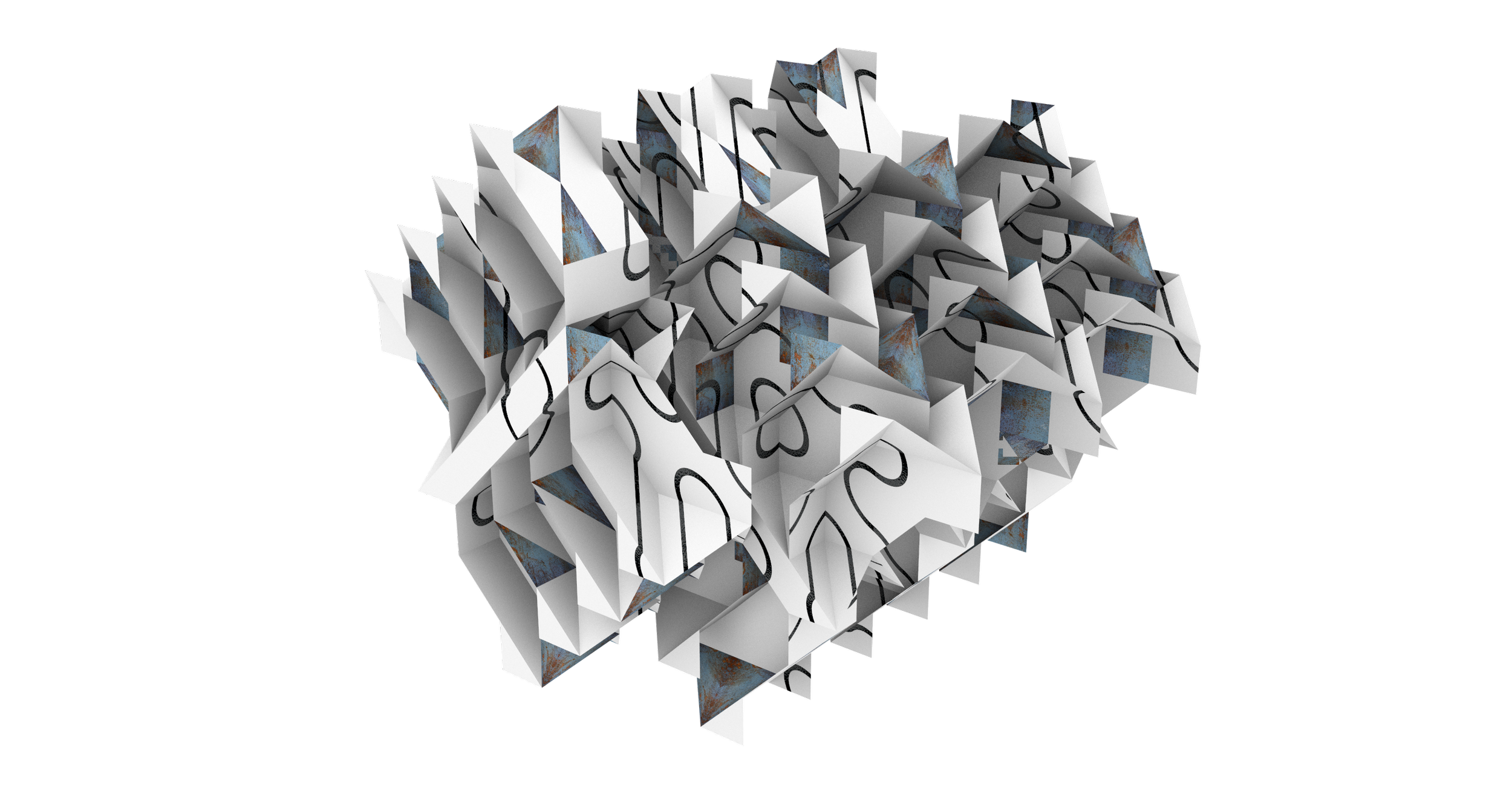 A 3D geometric sculpture made of interconnected white folded paper pieces with black cursive scripts and rusty blue patches, on a black background.